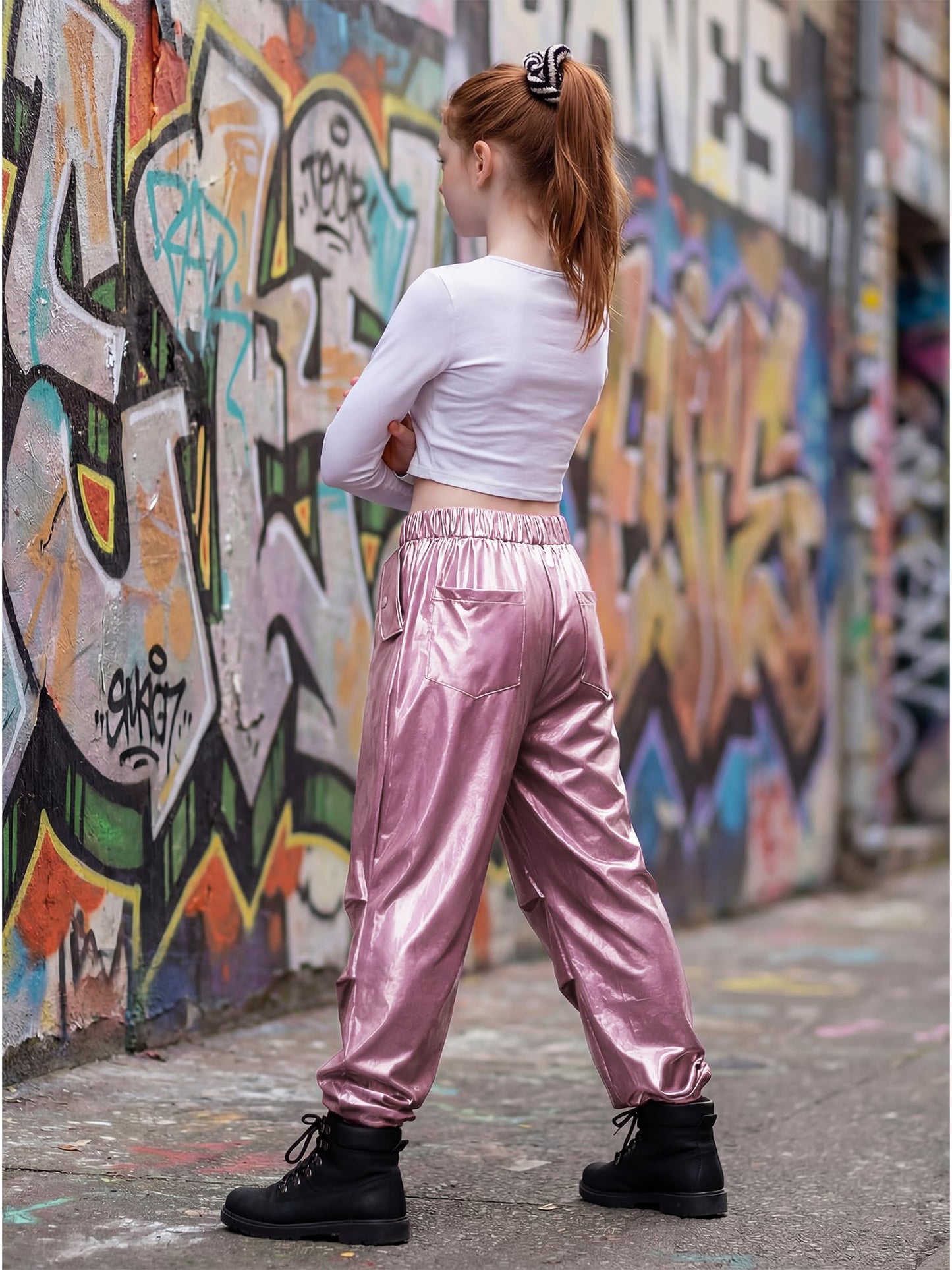 Stelle Girls Metallic Hip Hop Pants Shiny Cargo Joggers Pant