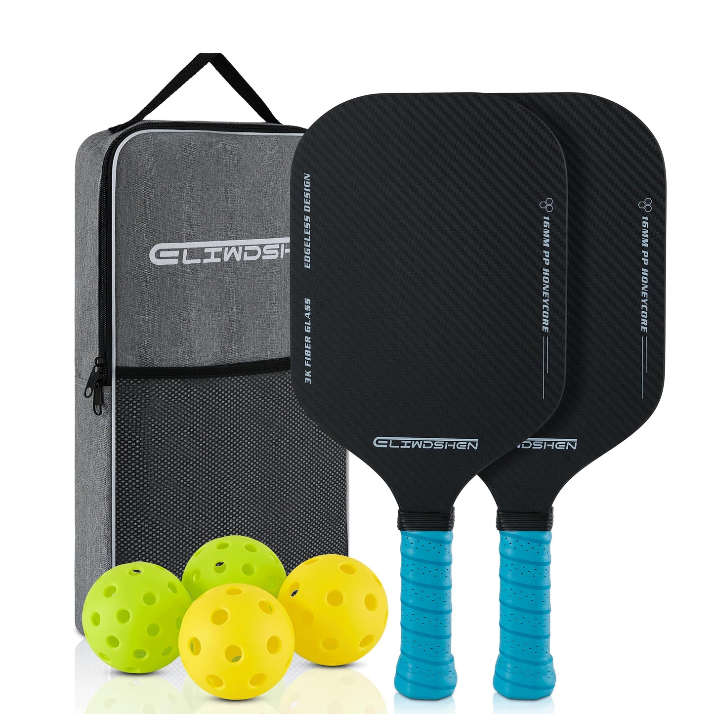 Eliwshen Pickleball Pddles Set of 2, Made to USAPA Standards 3k Fibreglass Textured Surface, Aesthetic Rimless Design, 16 mm Polypropylene Honeycomb Core, Racket Set for Women, Men, Children, Adults