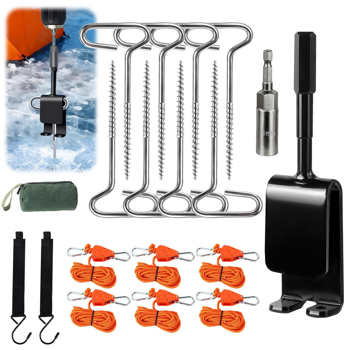 Heavy Duty Ice Anchor Drill Adapter Tool Kit, 19Pcs Stainless Steel Tent Stakes Set with 13FT Ratchet Ropes, Tent Hooks, Canvas Bag for Ice Fishing Shelter Setup (8Pcs Tent Stakes+6Pcs Rope Roller)