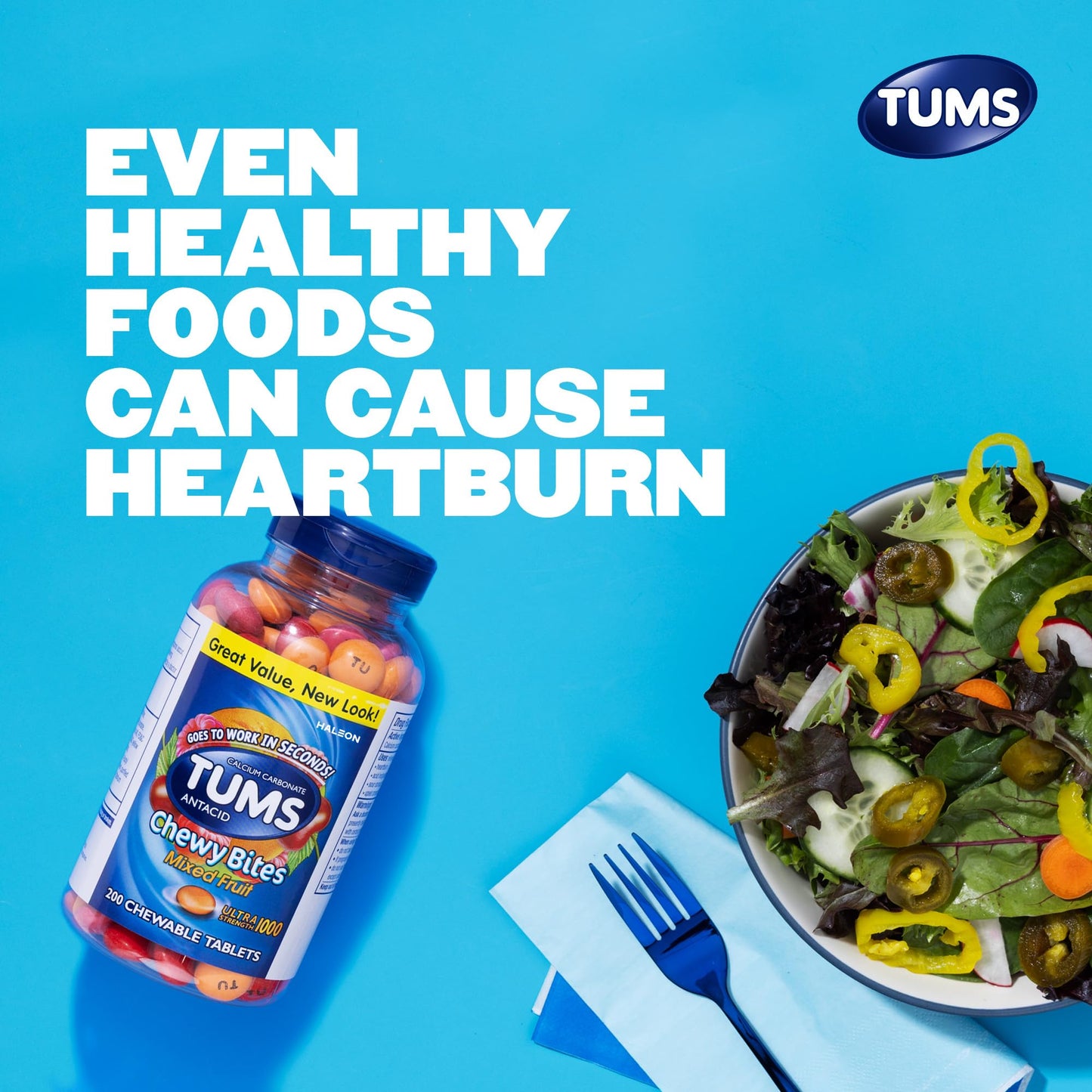 TUMS Chewy Bites Chewable Antacid Tablets for Ultra Strength Heartburn Relief, Mixed Fruit - 200 Count