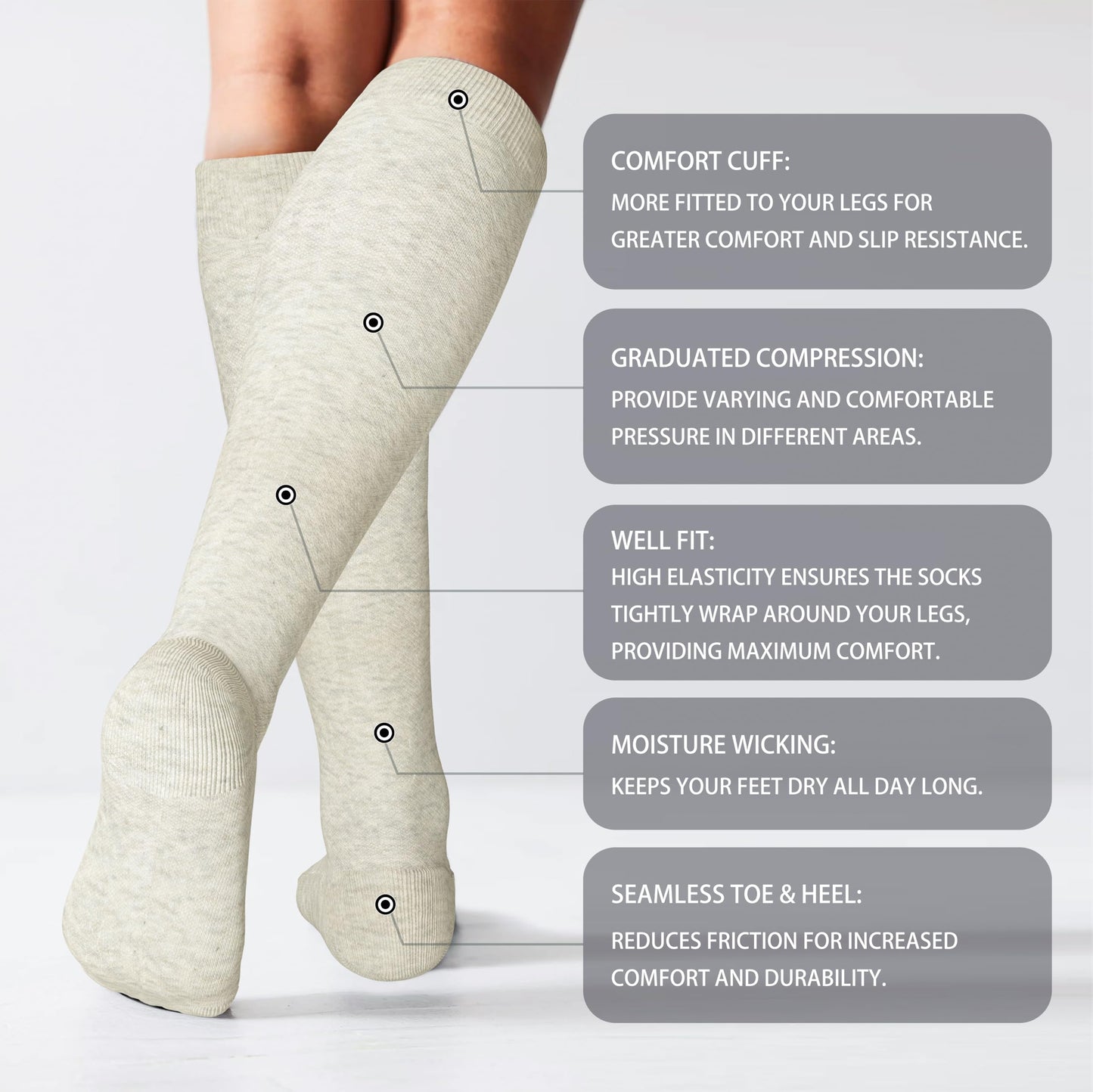 LEVSOX Cotton Compression Socks for Women&Men 20-30 mmHg Knee High Extra Thick Graduated Support Sock for Nurses, Pregnant Women, Travel and Flight, 2 Pairs, Grey, Beige