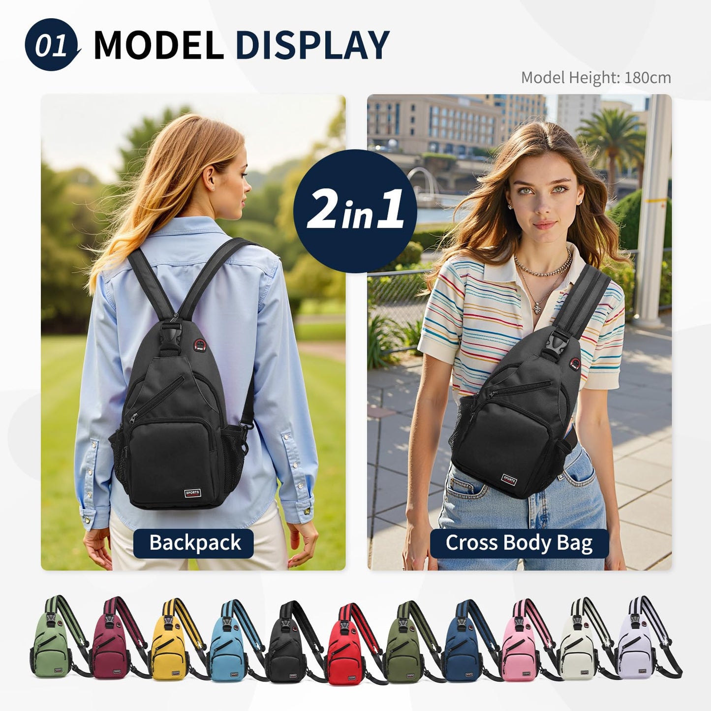 SUIKIHUM Convertible Sling Bags for Women Men, Lightweight Crossbody Backpack Daypack Fit for 11" Tablet for Casual Travel Sport Hiking (Black)