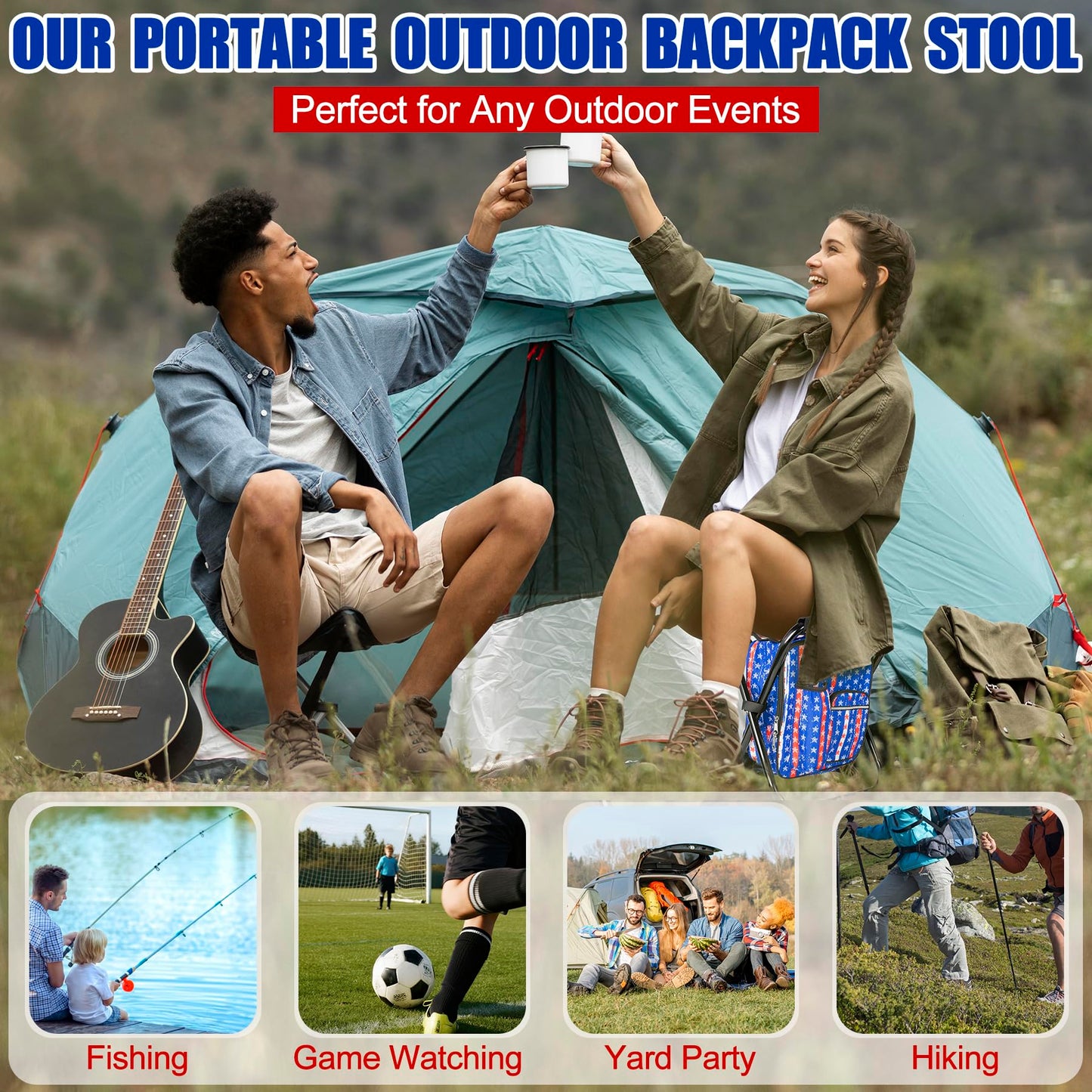 Kikerike Backpack Stool Cooler Chair Heavy Duty 300 LBS Max Load Portable Lightweight Stool Backpack Folding Fishing Cooler Seat for Camping Hunting Fishing - American Flag