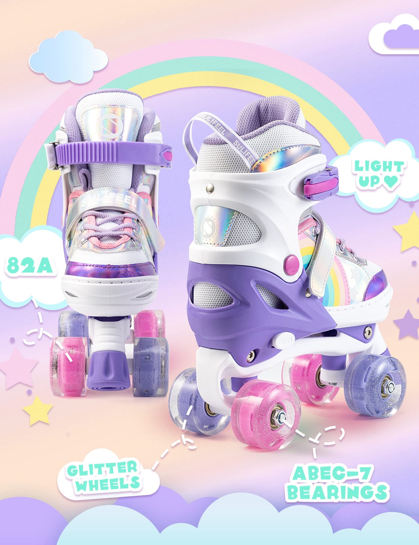SULIFEEL Rainbow Unicorn 4 Size Adjustable Light up Roller Skates for Girls Boys for Kids Purple Medium