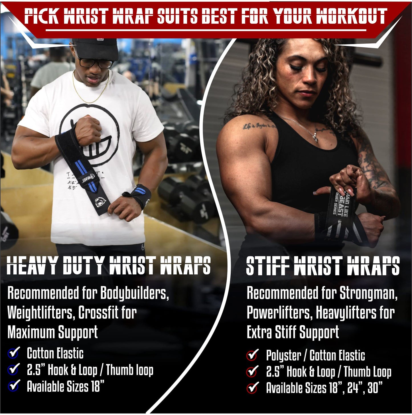 Beastpowergear Wrist Wraps |Competition Grade|18 Inch Professional Quality Provides Additional Wrist Support During Weightlifting, Powerlifting, Strength Training. (Black/Blue, 18")