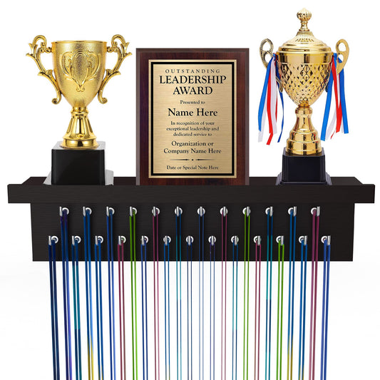 Purbambo Medal Hanger Display, Trophy Shelf with 25 Steel Hooks, Wall Mount Medals Holder for Gymnastics, Soccer, Running Awards - Dark Brown