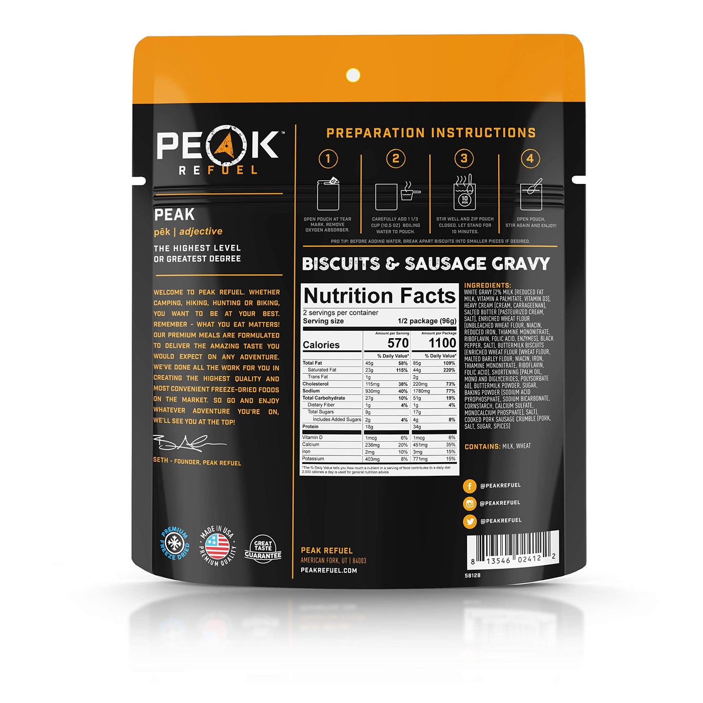 Peak Refuel Biscuits and Gravy | Premium Freeze Dried Camping Food | Backpacking & Hiking MRE Meals | Just Add Water | 100% Real Meat | 53g of Protein | 2 Serving Pouch (2 Serving Pouch)