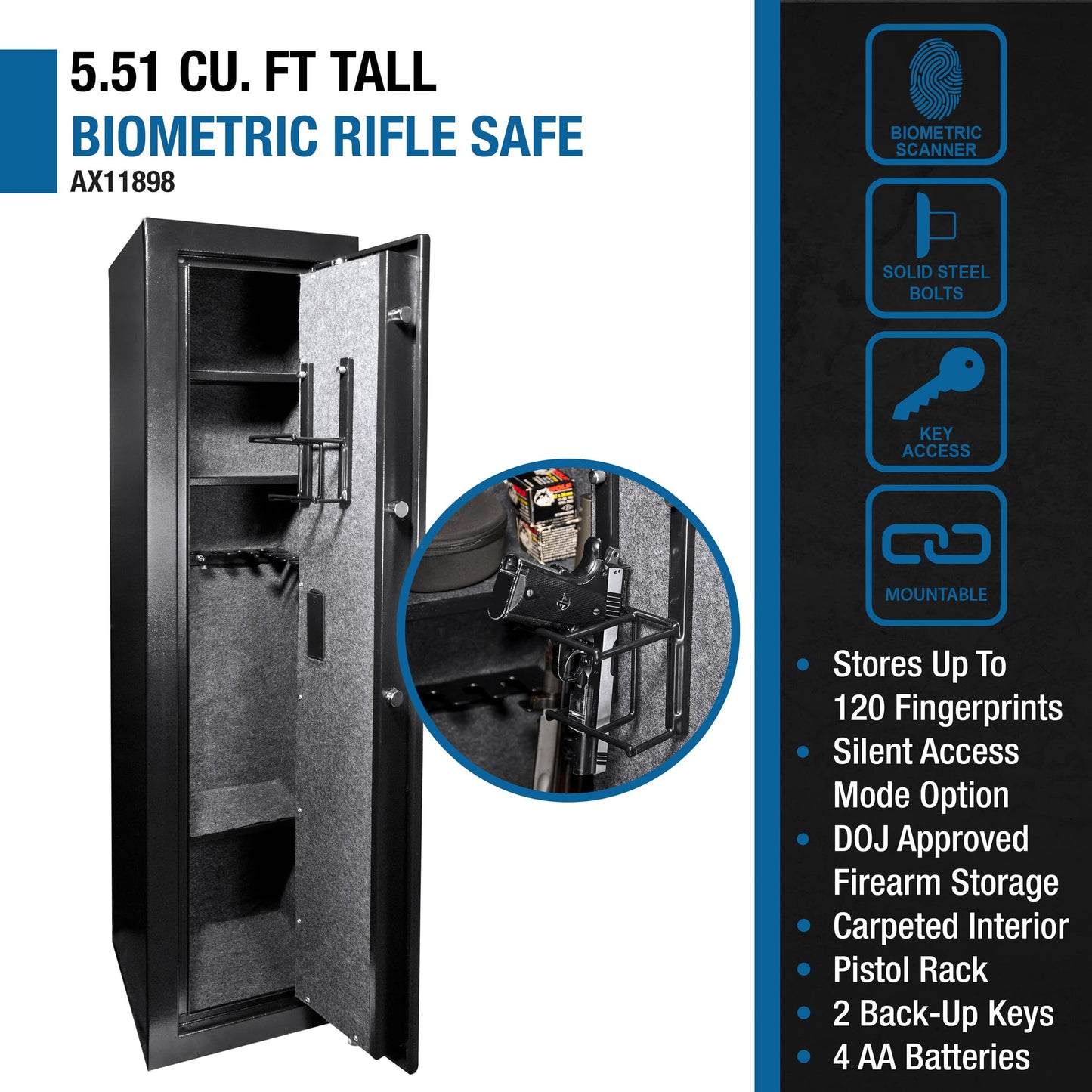 BARSKA Quick and Easy Large Access Biometric Rifles, Firearms and Long Guns Safe for Home, Removable Shelves, Optional Silent Mode, 5.52 Cubic Feet, Up to 10 Rifles without any accessories