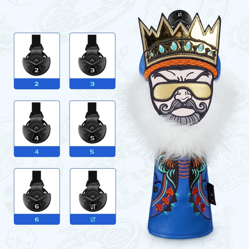 Craftsman Golf Synthetic Leather King with Crown and Beard Blue Golf Club Hybrid Rescue Headcover Cover with Interchangeable Tag