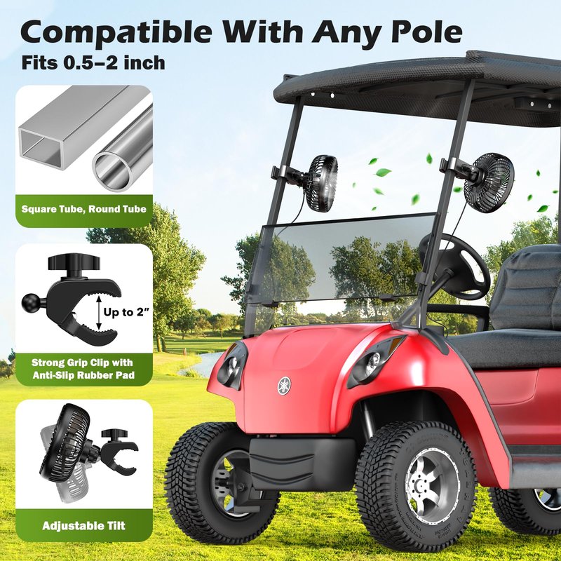 Tonree Golf Cart Fan, Portable USB Clip Fan for EZGO, Club Car, Yamaha, 3700rpm Hi-velocity and Low Noise, 3 Speed, 360° tilt, 10sec Quick Mount, Waterproof, for Travel Camping Outdoor Car Home RV