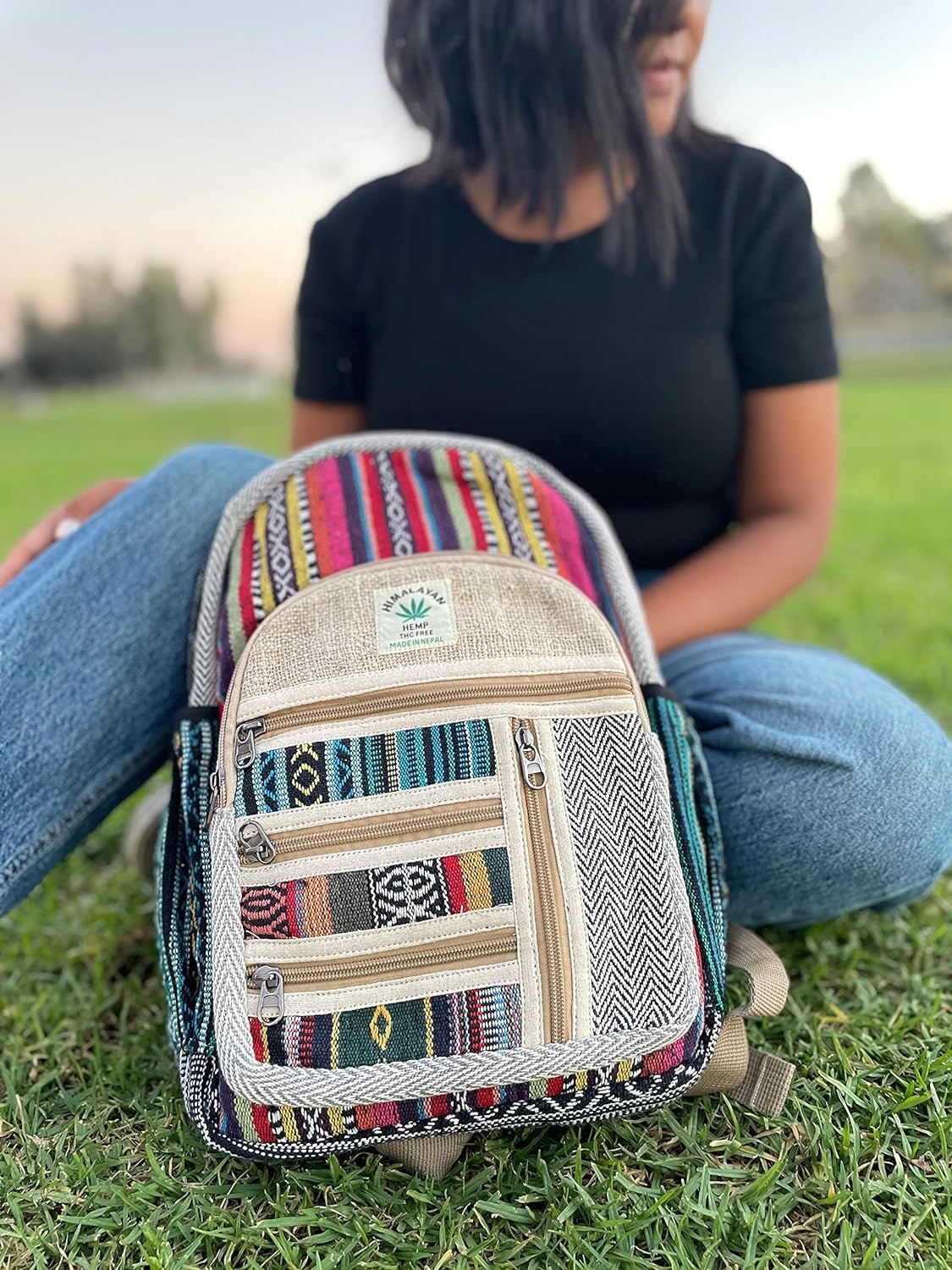 AUNERCART Small Hemp Backpack Traveling Backpack Cotton Stripe Nepali Backpack Himalayan Backpack Small 13" x 11" x 5" Bag