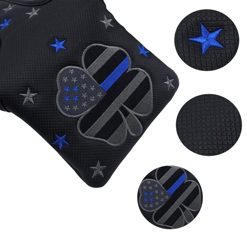 Kimpengofu Shamrock Golf Club Mallet Putter Cover Magnetic Closure Synthetic PU Leather with Embroidery Lucky Clover Stripes and Stars Pattern Design (Black)