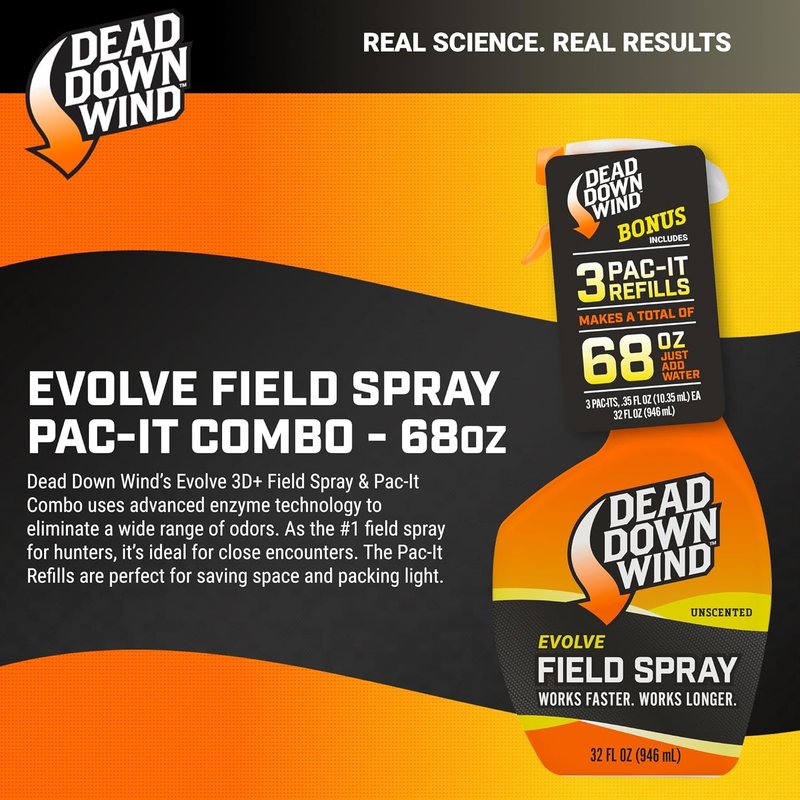 Evolve 3D+ Field Spray - Unscented Odor Control for Hunting Gear | 32oz Bottle + 3 Refills