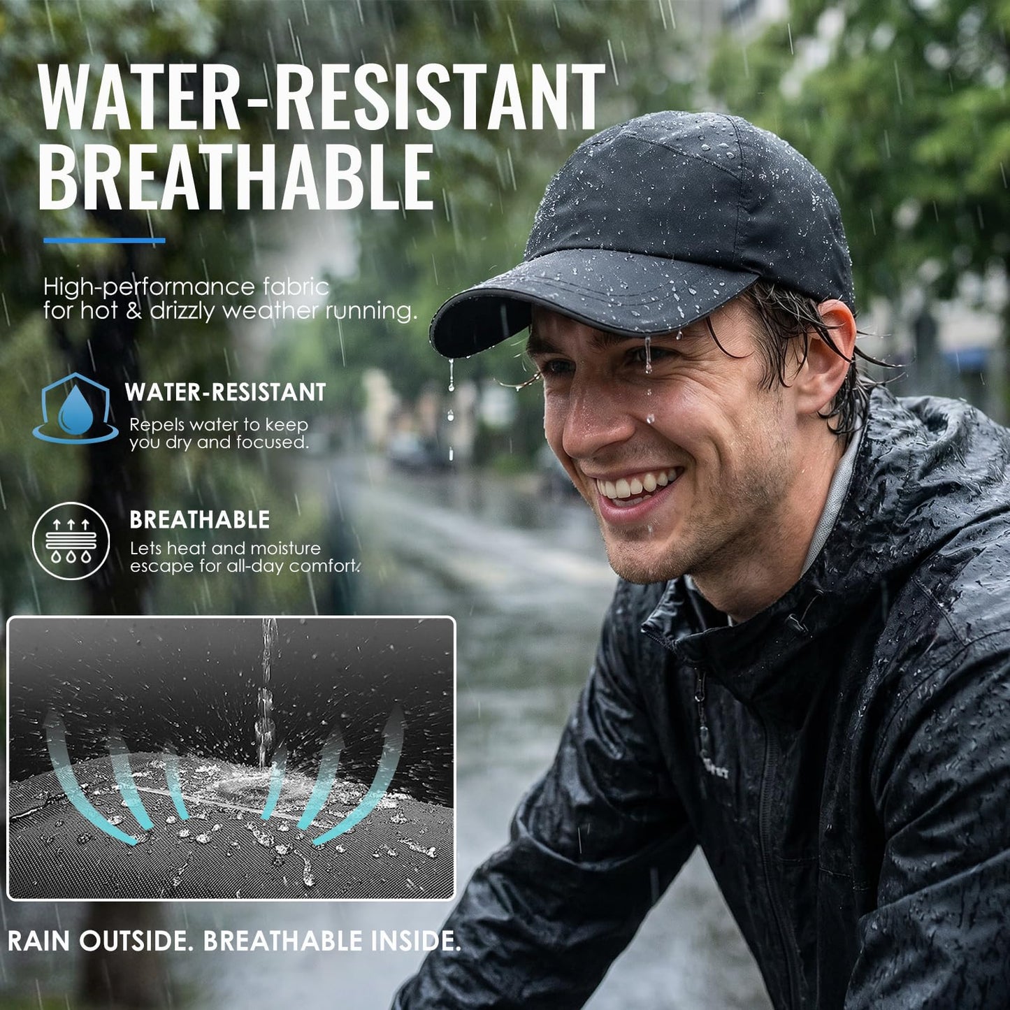 Waterproof Baseball Cap for Men Women UPF 50+ Reflective Quick Dry Running Hat Breathable Rain Golf Cap with Sweatband Black