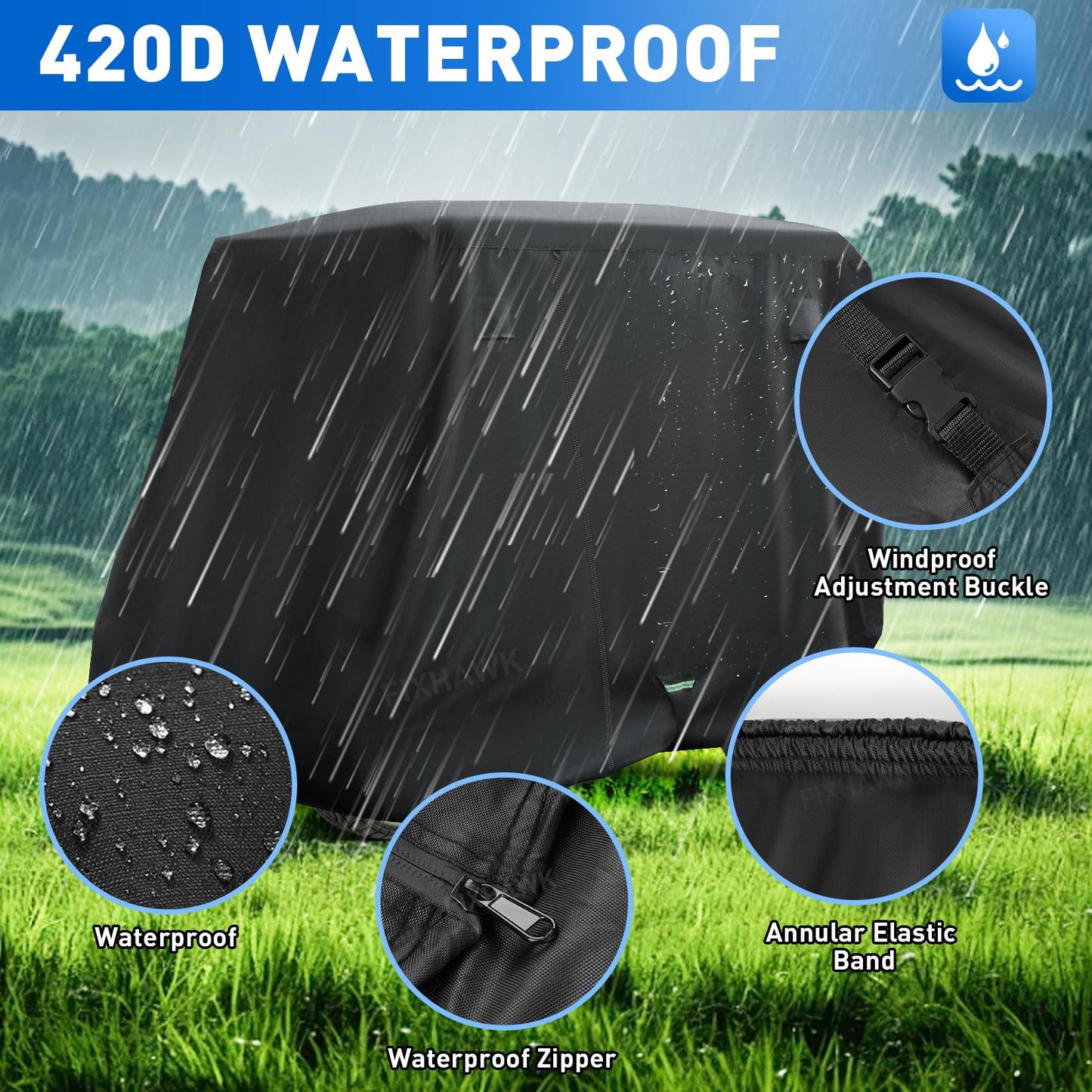 FIXHAWK 2/4 Passenger Golf Cart Cover for Club Car, EZGO,Yamaha Model, 420D PU Oxford Fabrics Waterproof Golf Cart Covers All-Weather Protection Full Cover 3-Zipper (Black)