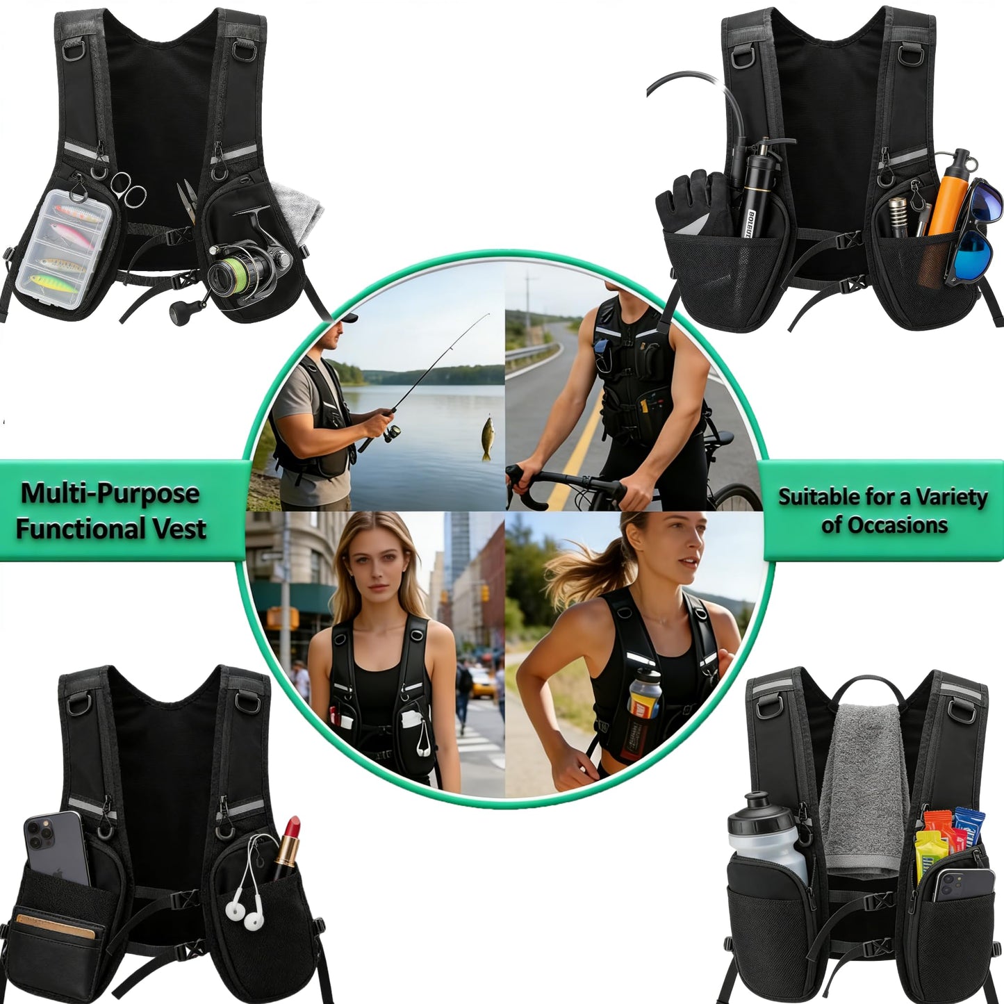 Breathable Reflective Running Vest, Cargo Vest - Men Women Outdoor Pack Multi-Pocket Breathable for Cycling Hiking Rave Running Fishing Black