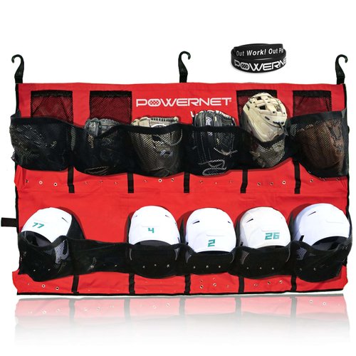 PowerNet Softball & Baseball Helmet Hanging Bag, 12 Pocket Baseball Glove & Helmet Storage Holder & Dugout Organizer, Portable Baseball Gear Training Equipment Holder (Red)