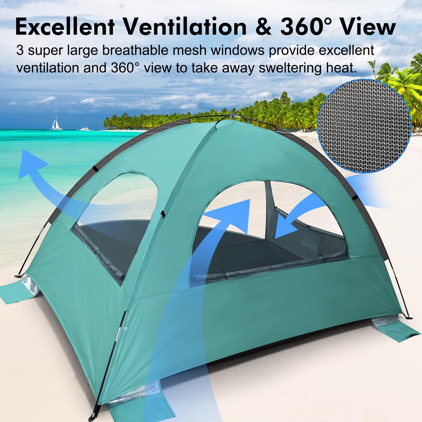 WhiteFang Beach Tent Anti-UV Portable Sun Shade Shelter for 3 Person, Extendable Floor with 3 Ventilating Mesh Windows Plus Carrying Bag, Stakes and Guy Lines (Beach Glass)