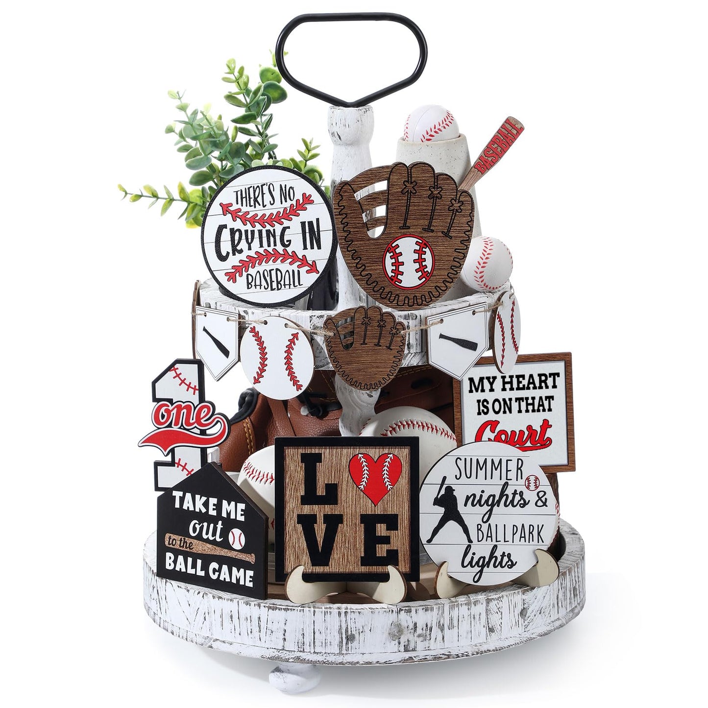 13 Pcs Baseball Tiered Tray Decor Wooden Table Centerpieces Rustic Wooden Baseball Game Sign for Fans Theme Party Ceremony