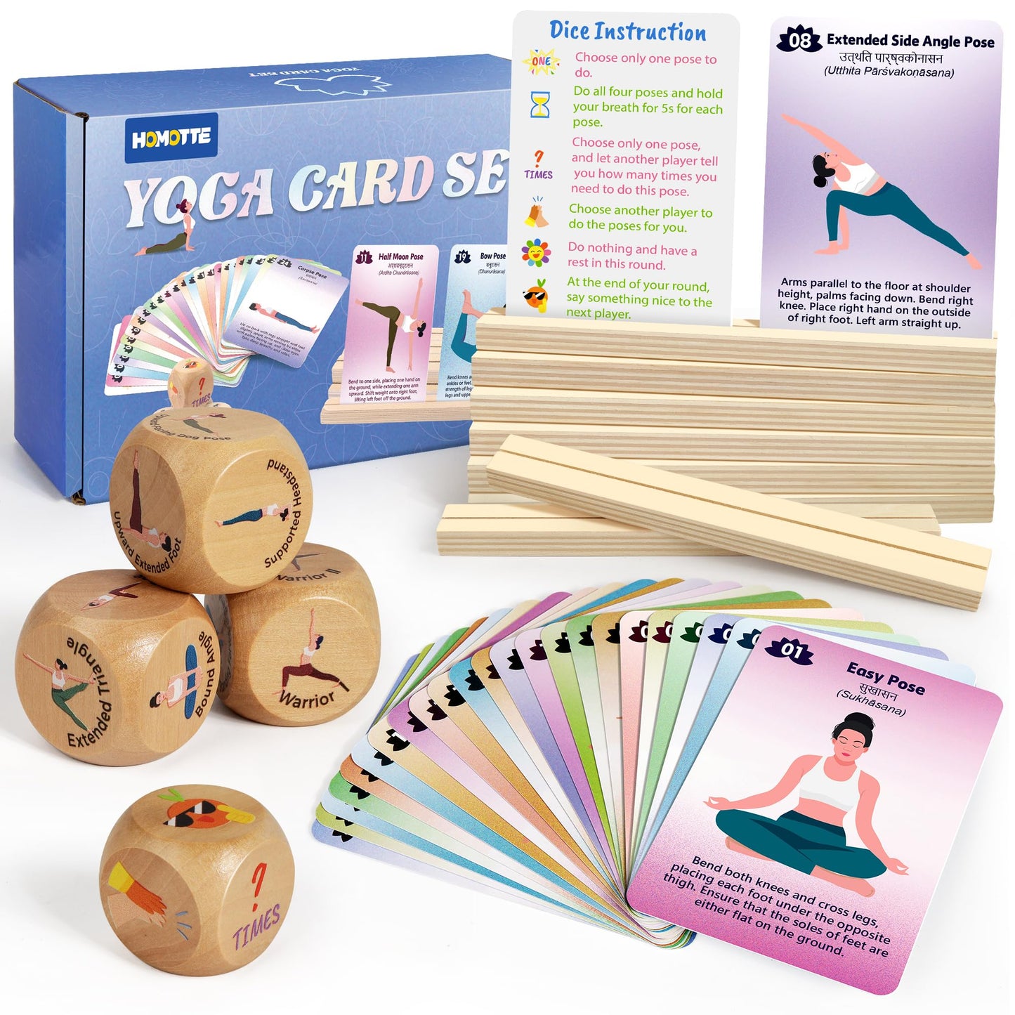 Homotte Yoga Cards and Wooden Yoga Dice Set for Beginners and Kids