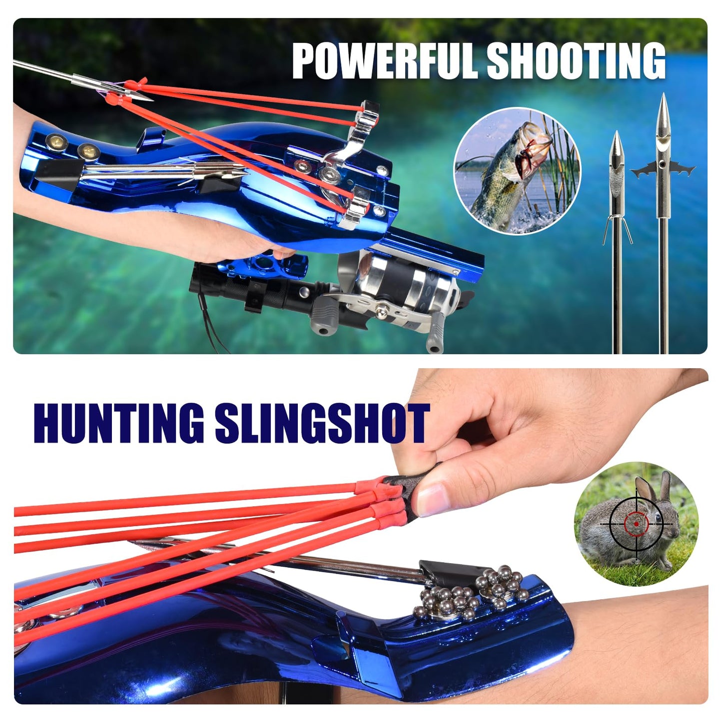 SQLWYLAT Slingshot, Professional Fishing Slingshot Kit with Reel Fish Dart Finger and 6 Fishing Darts, Dual Purpose Slingshot for Hunting with Flashlight and Strong Magnetic