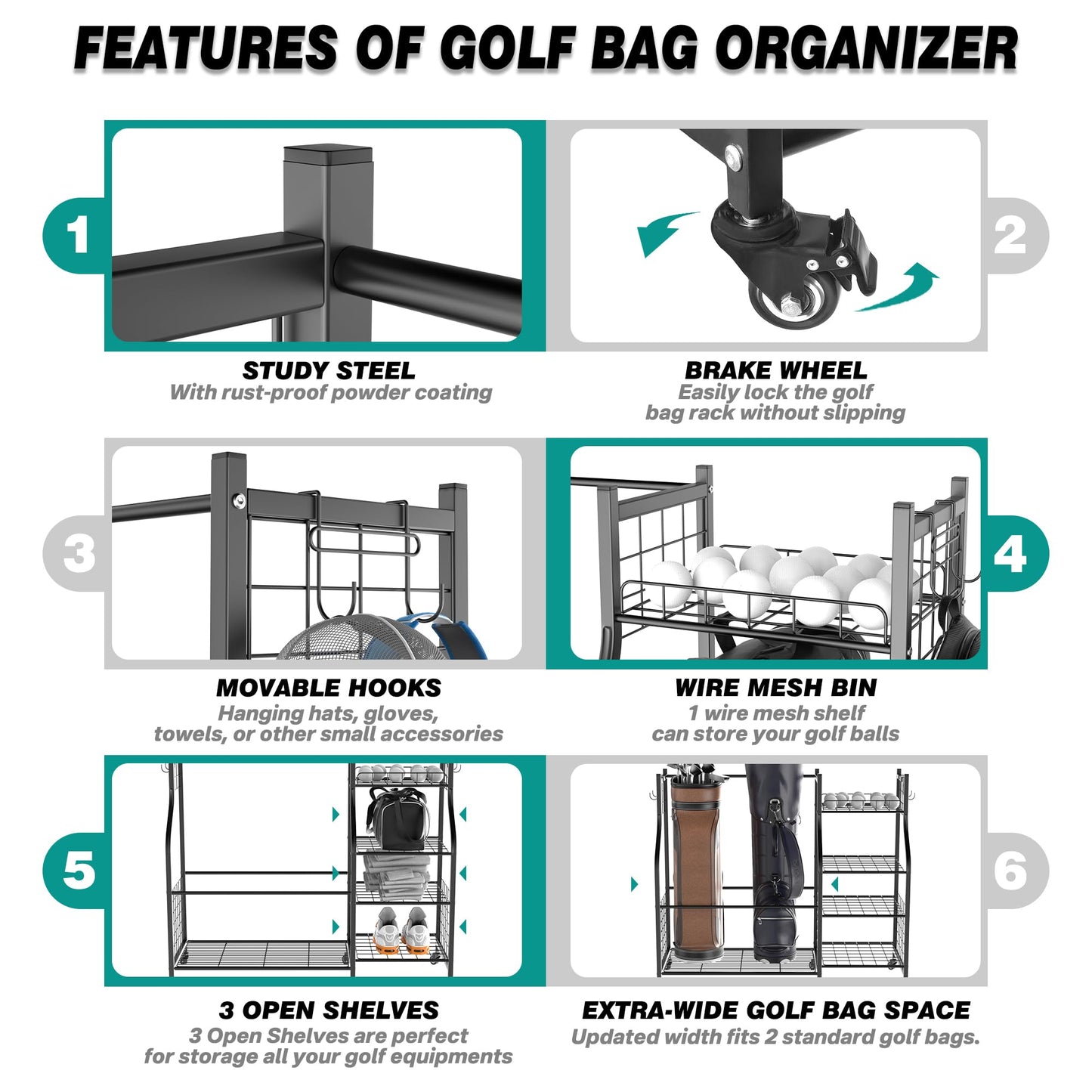 EVERHANGER Golf Bag Storage Organizer, Freestanding Golf Bag Holder Stand, Heavy Duty Golf Storage Rack for Garage, Club