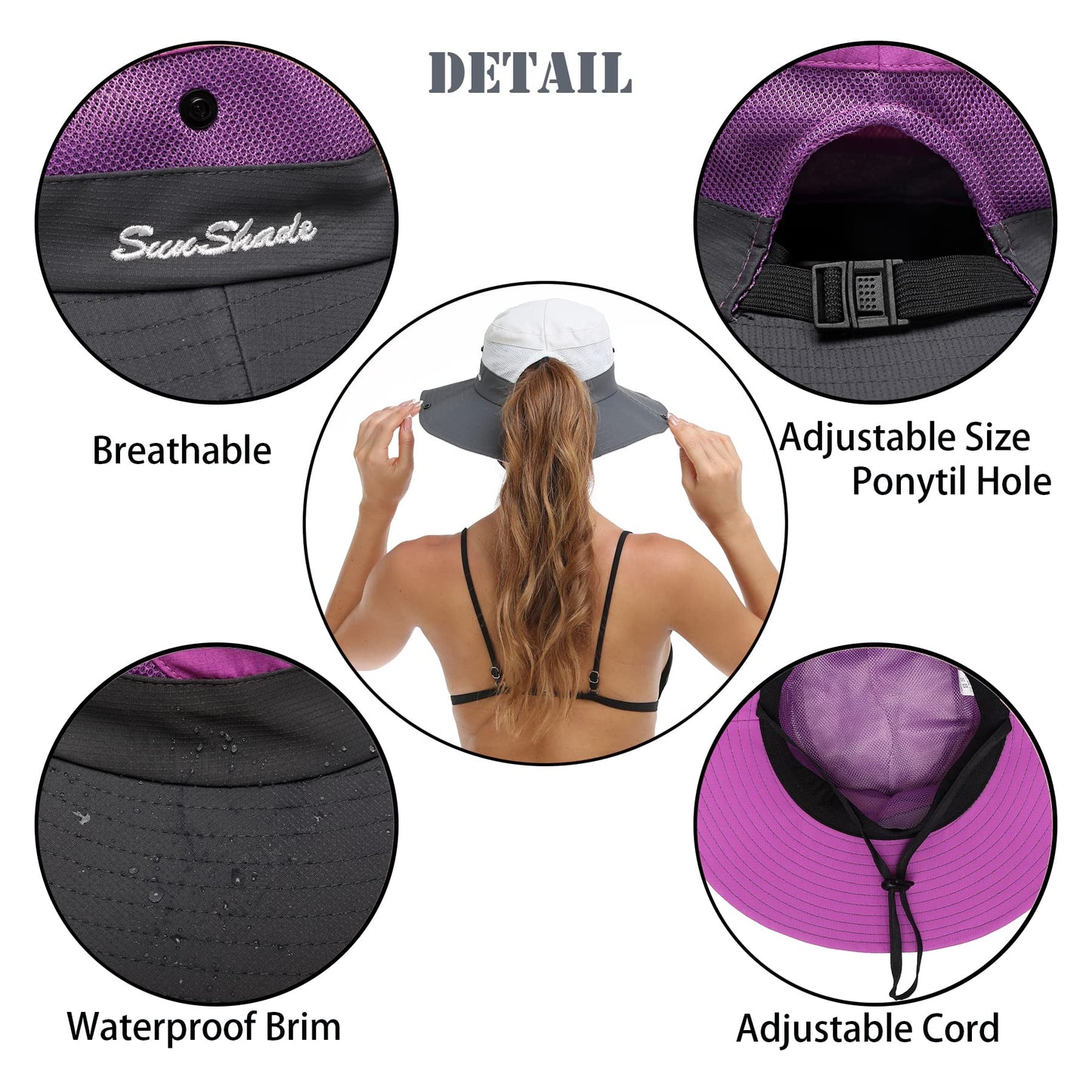 Womens Summer Sun Hat Beach Hat Wide Brim Outdoor UV Protection Hat Foldable Cool Mesh Ponytail Bucket Hat (Purple-Gray)