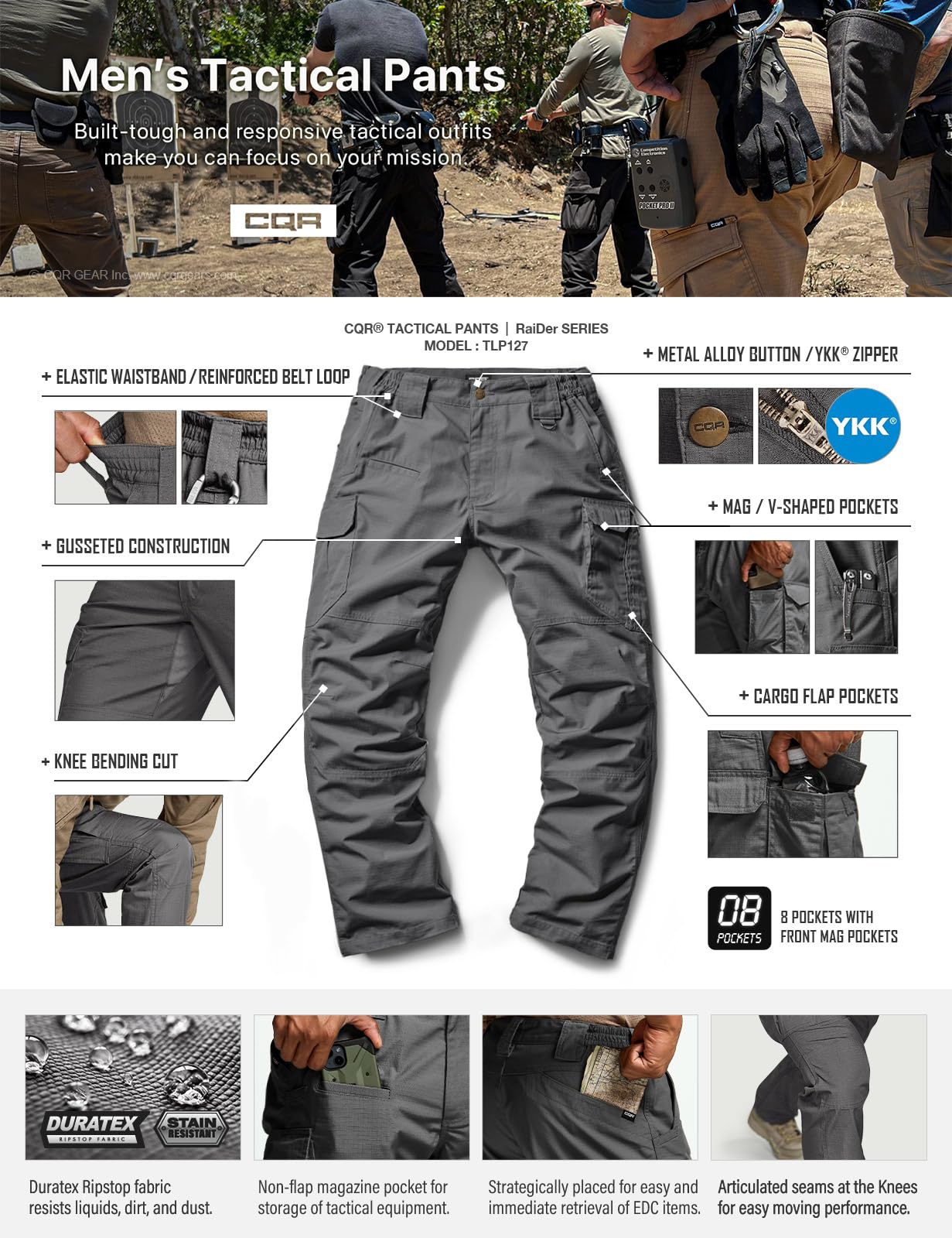 CQR Men's Tactical Pants, Water Resistant Ripstop Cargo Pants, Lightweight EDC Work Hiking Pants, Outdoor Apparel, Raider Mag Pocket Charcoal, 36W x 34L