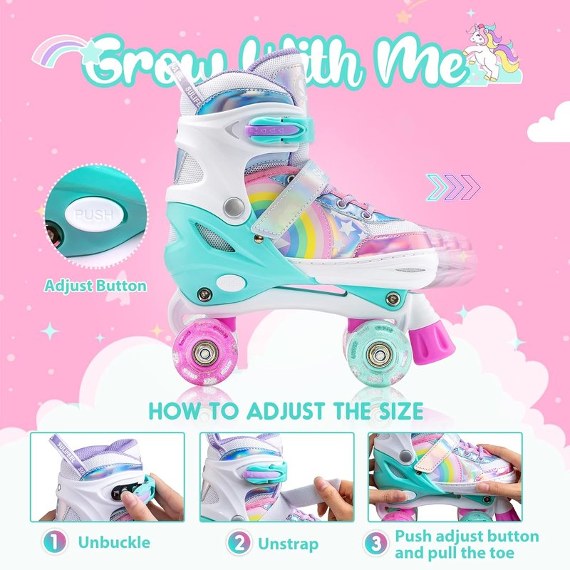 Rainbow Unicorn Roller Skates for Kids - Adjustable Protective Gear Set | Dazzle Small