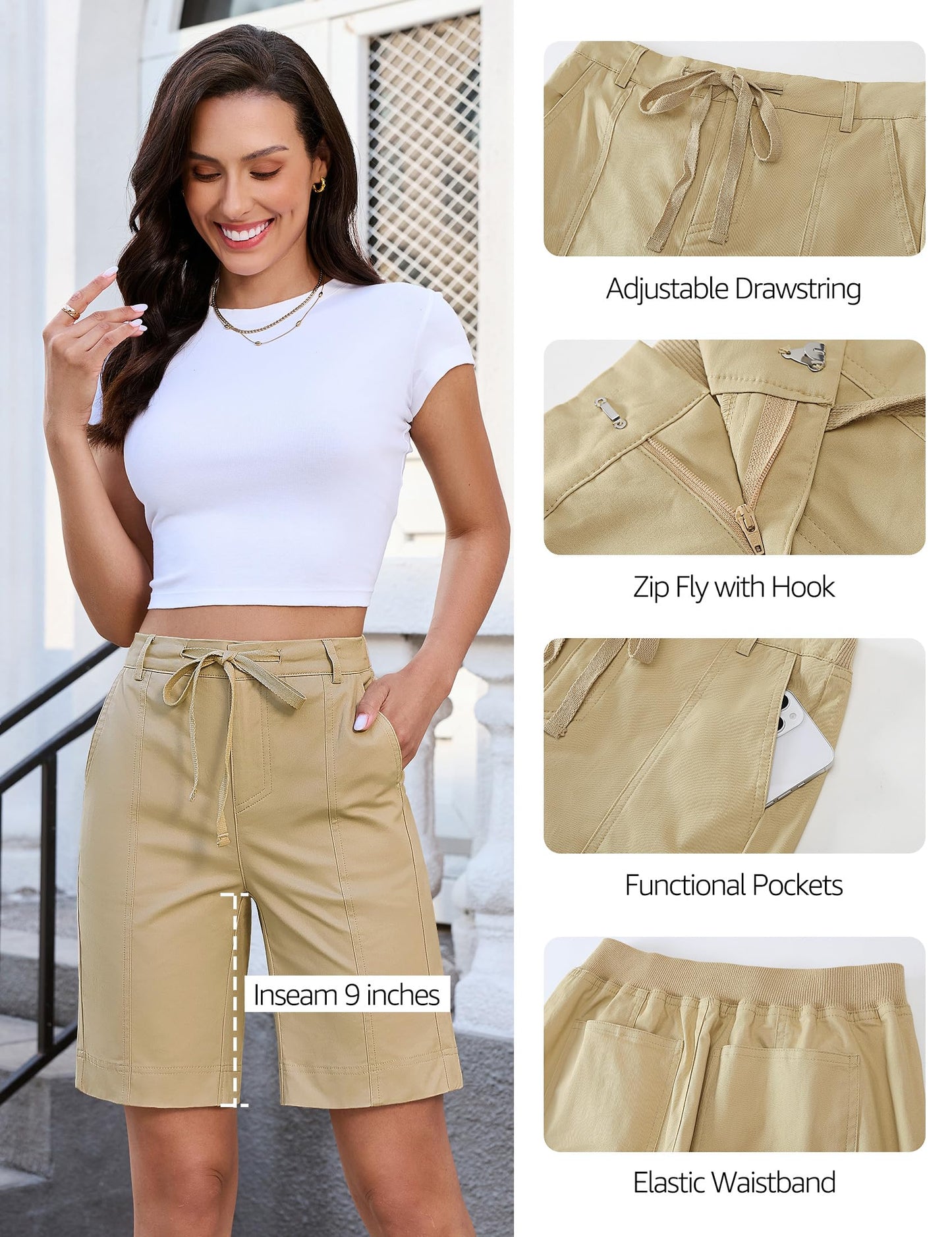 luvamia Bermuda Shorts for Women Trendy High Waist Knee Length Womens Shorts with Pockets Ladies Bermuda Short Chino Summer Casual Sand Size X-Large Fits US 16-18