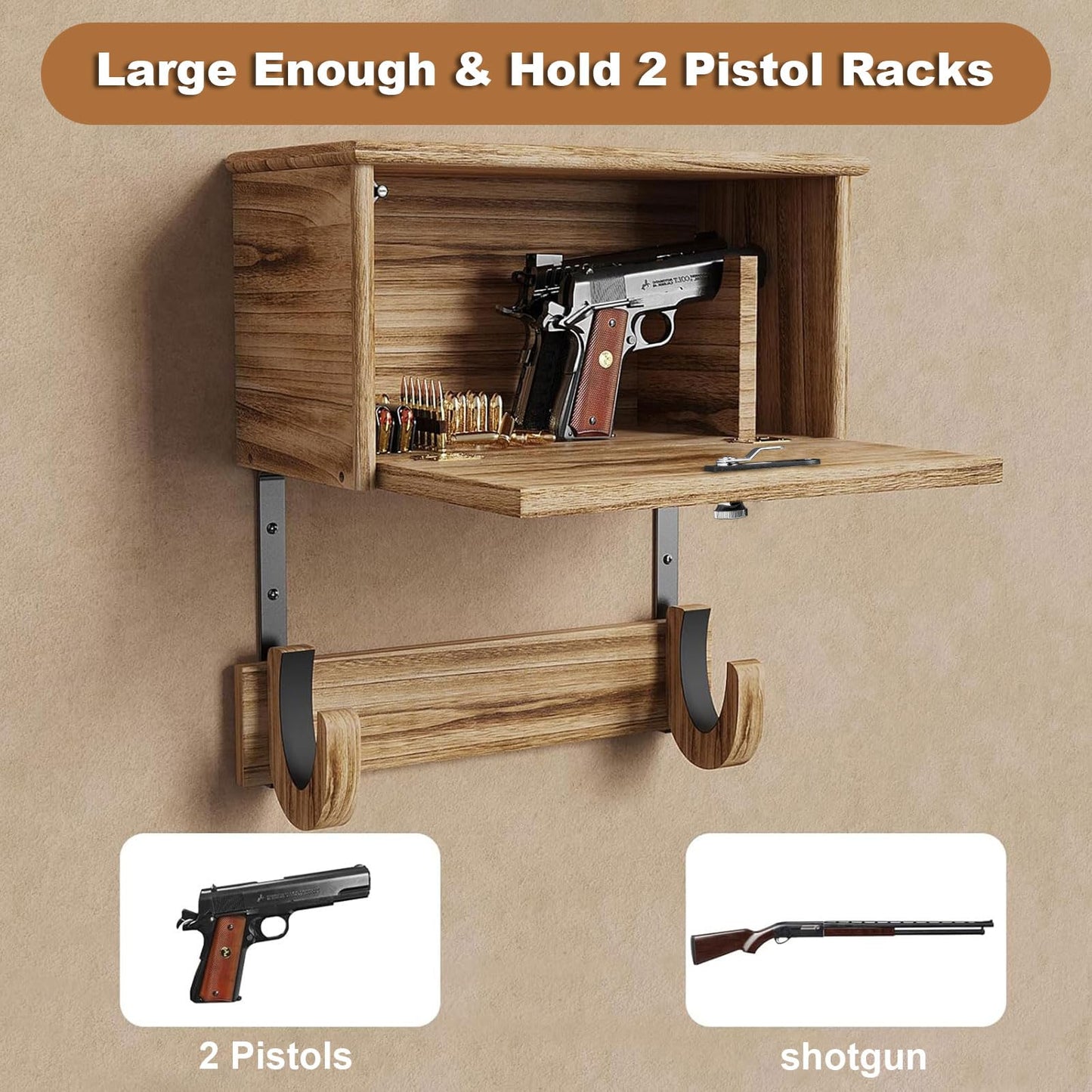 Wooden Wall Mount Gun Rack with Lock, 2-in-1 Horizontal Display for Rifle, Shotgun and Dual Pistols, Secure Firearms Storage Hanger