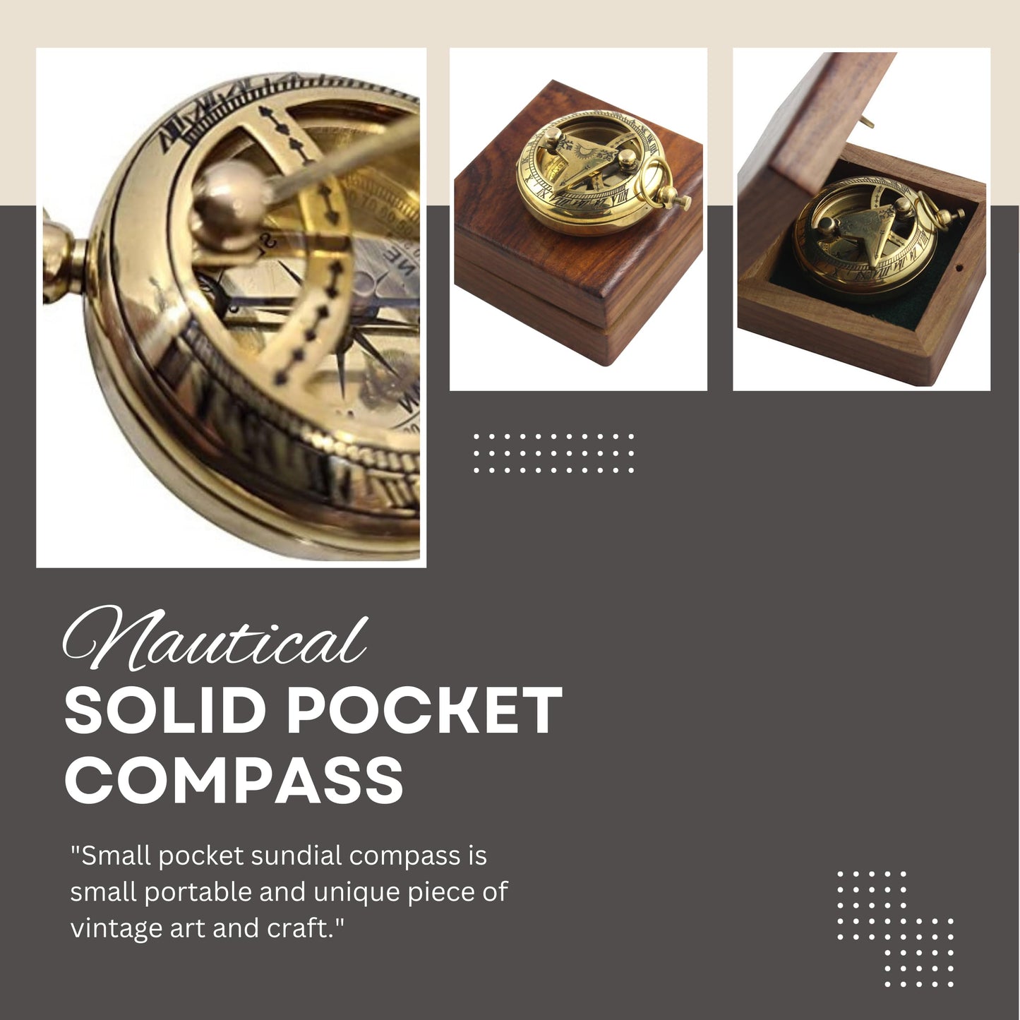 Marine Sundial Compass with Antique Nautical Solid Pocket Compass in Box Vintage Polish with Brass Finish Navigate Device Collection