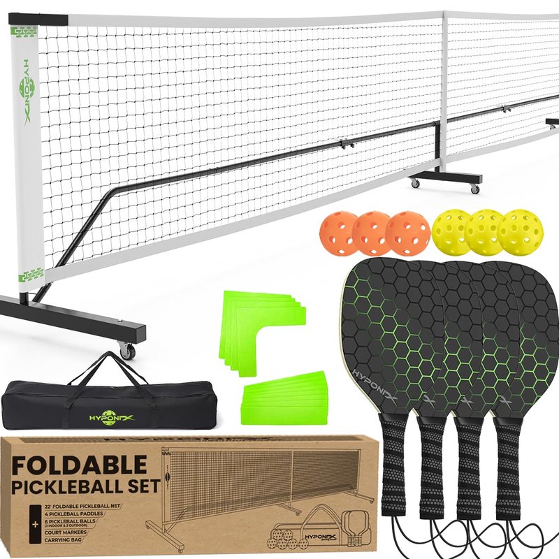 Hyponix Foldable Pickleball Set with Net — 22ft Portable Net with Wheels, Instant Setup, 4 Paddles, 6 Balls & Markers, Regulation Size, Compact Storage, Bag — Backyard, Driveway, Outdoor Games