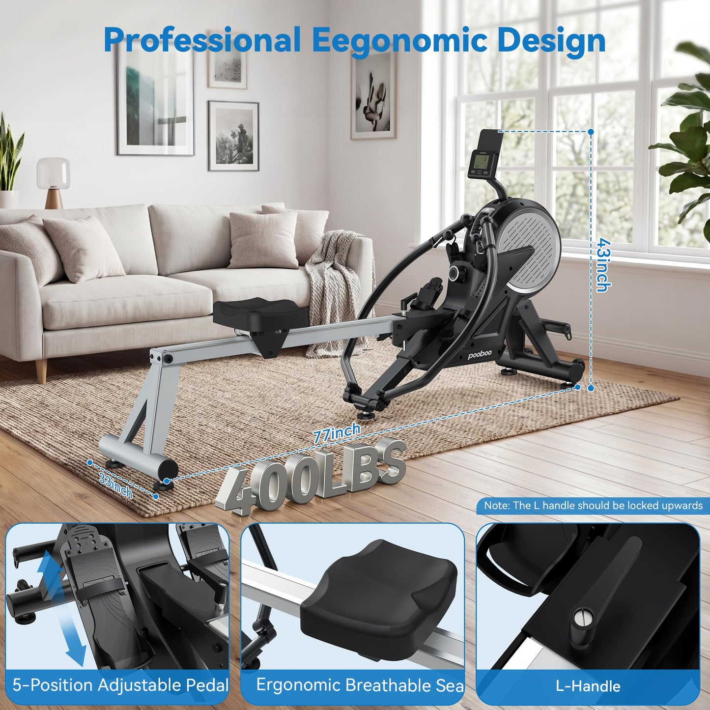 pooboo Rowing Machines for Home, Dual Wind & Magnetic Resistance, Foldable Row Machine 400 LB Weight Capacity, 14 Levels Resistance Quiet Rowers for at Home Exercise, App Supported