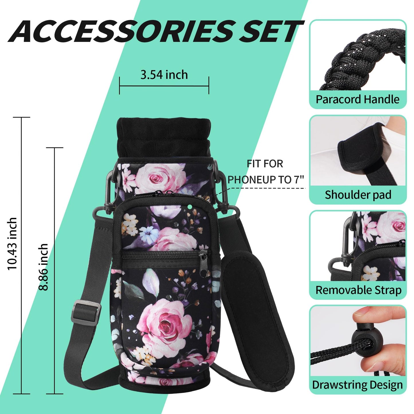 AceTreker 32 oz 40 oz Water Bottle Carrier Bag with Strap and 4 Pockets, Neoprene Sports Crossbody Water Bottle Sleeve Bag for Walking Hiking Travelling Camping-Black Flower