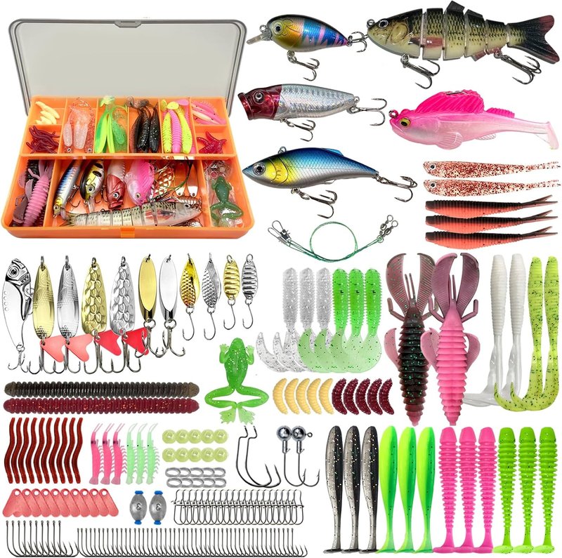 Fishing Lures Kit - 193Pcs Tackle Box with Frogs, Minnows, Soft Baits & Hooks | Ideal Gift for Freshwater Bass & Trout Enthusiasts
