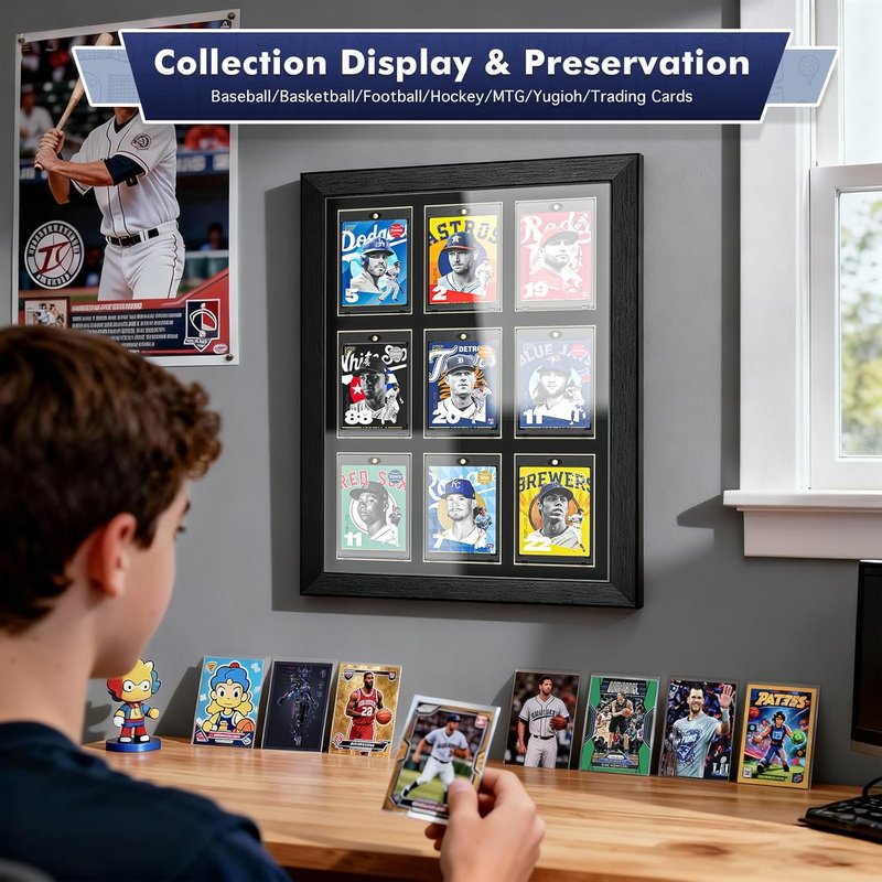Trading Card Display Case - Wall Mount for 9 Standard Cards | UV Protection Magnetic Holder for Baseball, Football, Basketball, Hockey