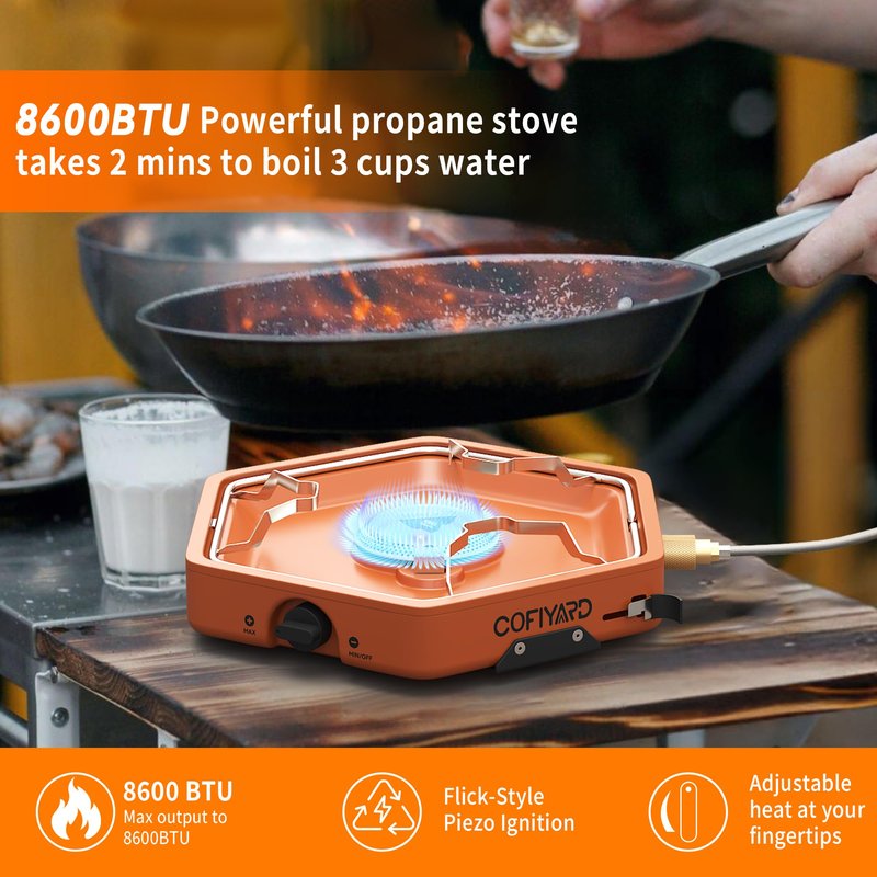 Cofiyard 1-Burner Propane Stove Portable Camping Stove with Carry Strap, Backpacking Camp Stove for Outdoor Cooking, Flick-Style Ignition, 8600 BTUs Gas Stove for Camping BBQ& More (Terracotta)