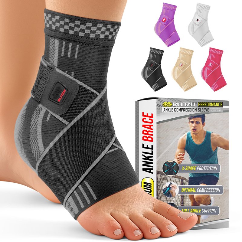 BLITZU Ankle Brace for Women, Men, Plantar Fasciitis Relief, Achilles Tendonitis Brace for Sprained Foot, Ankle Compression Sleeve with Strap Black M
