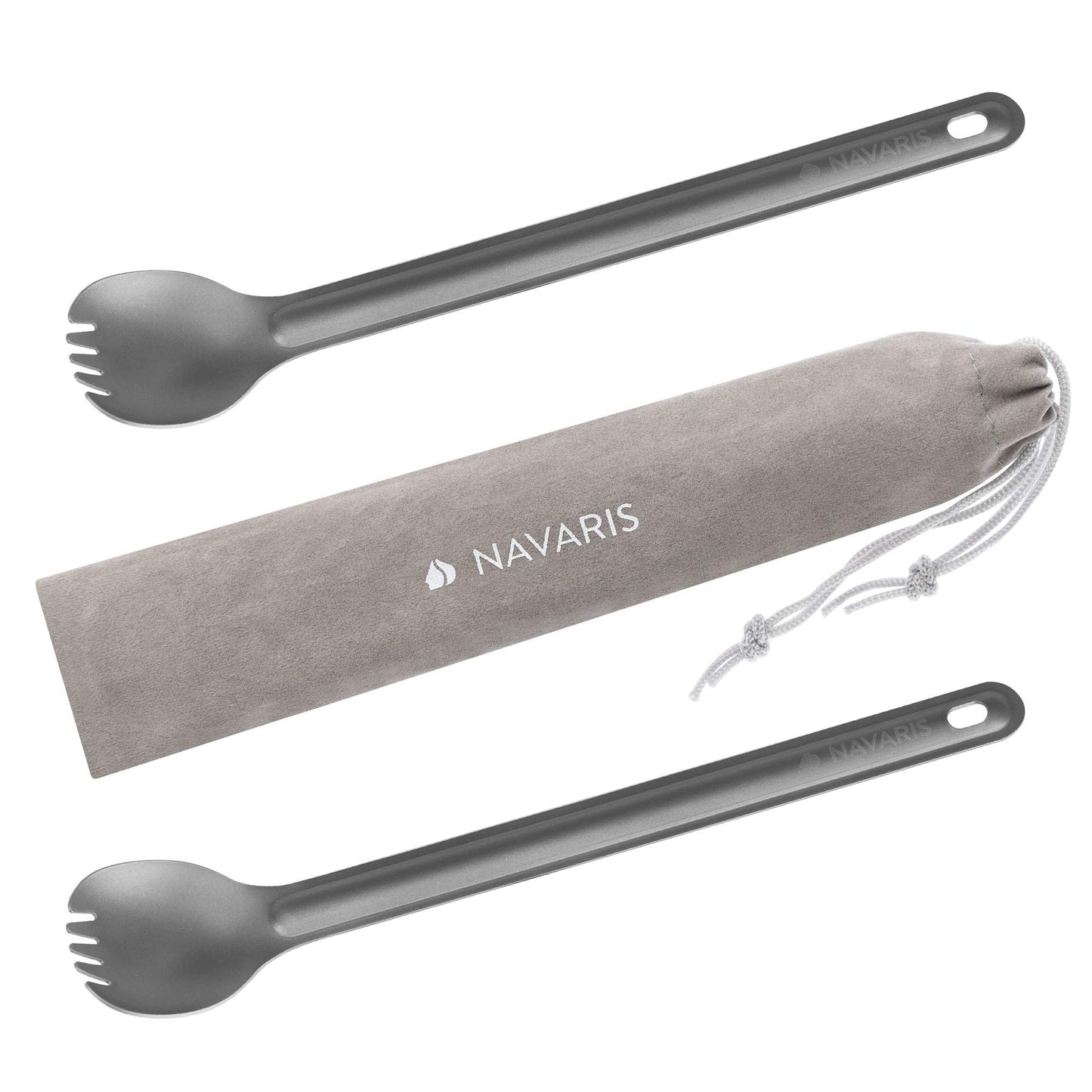 Navaris Long Handle Titanium Sporks (Set of 2) - 8.4" (21.5cm) Long Metal Spork Set for Backpacking and Camping - Strong Ultra Lightweight Cutlery