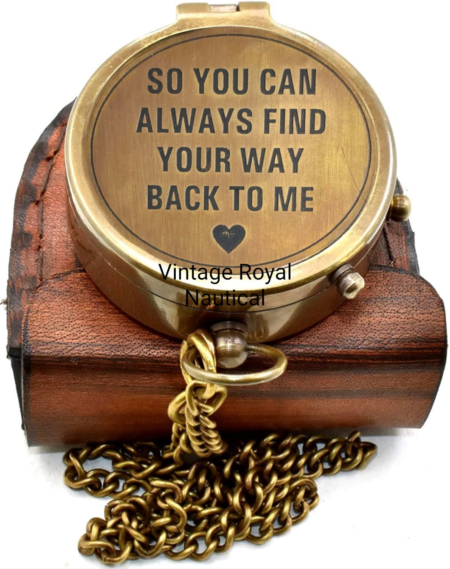 AASIYA Brass Chain Compass with Leather Case for Hiking and Camping - Engraved Pocket Compass - Vintage Navigation Tool