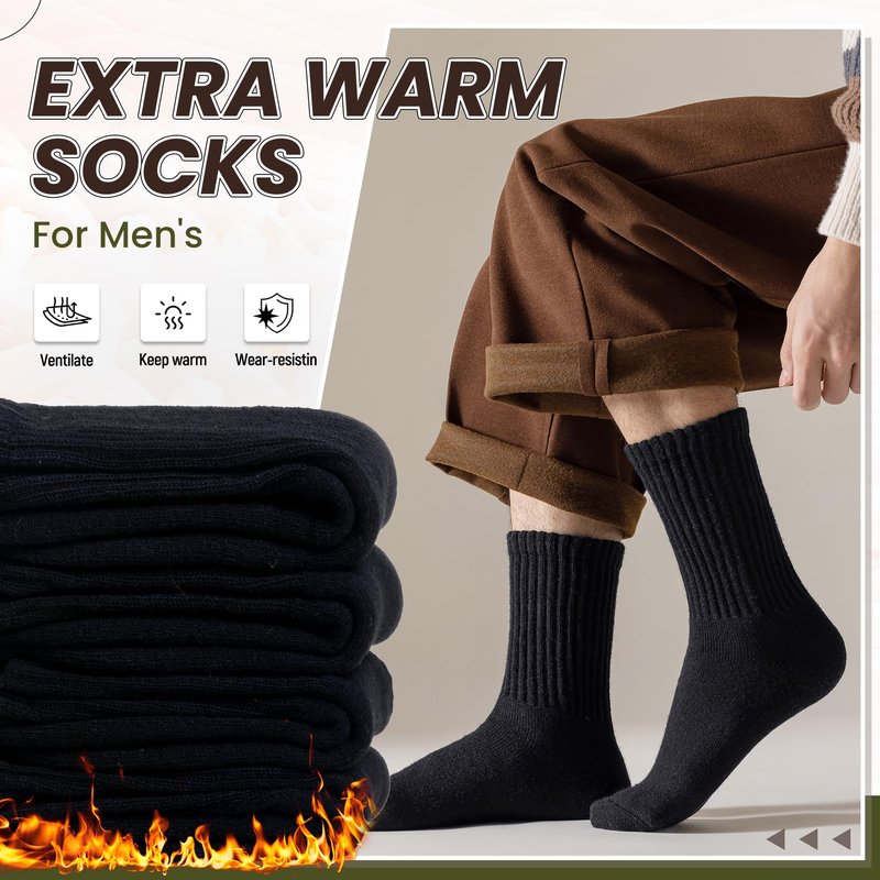Eyean Men Merino Wool Socks Thermal Hiking Winter Ski Warm Thick Cozy Boot Socks 4 Pairs (Black)