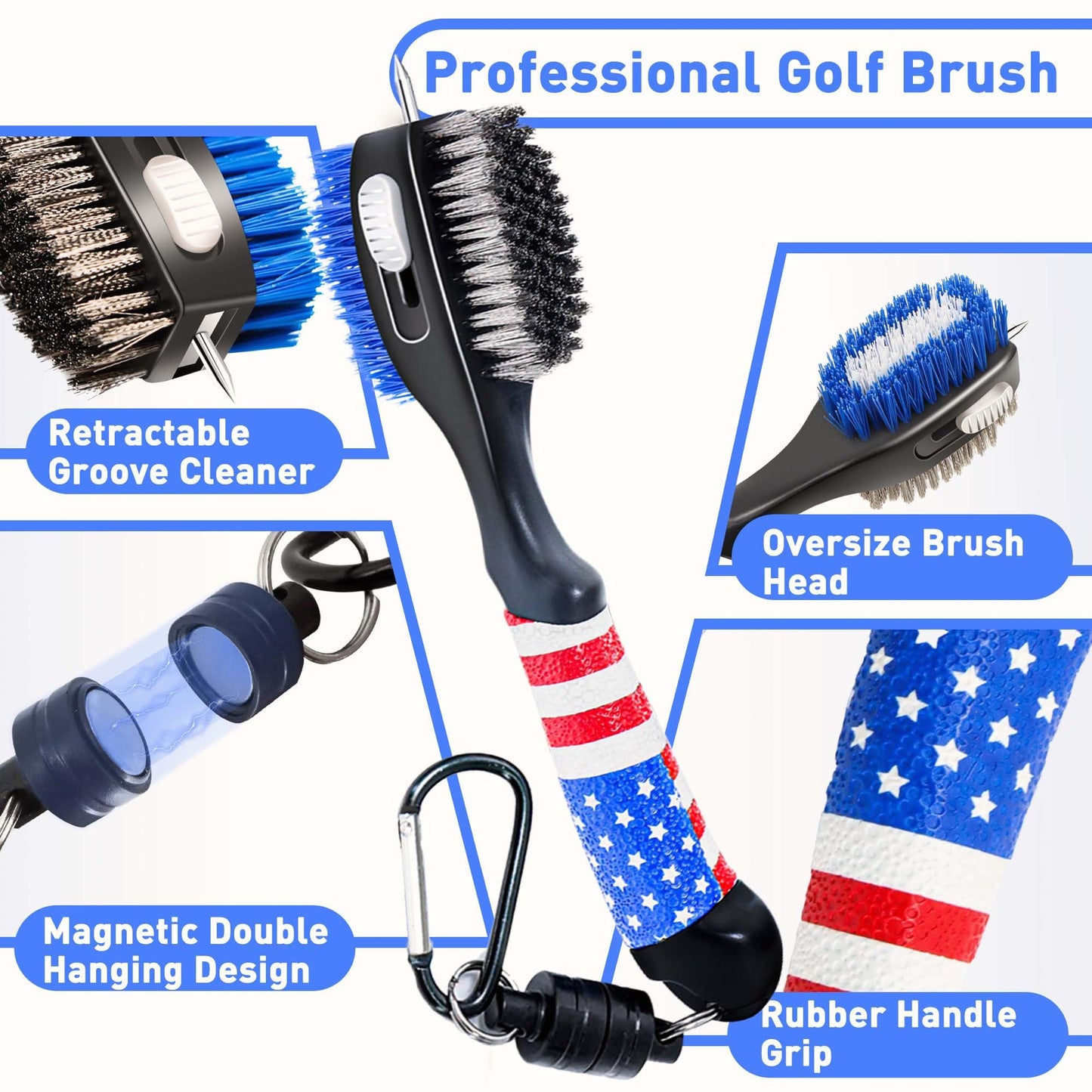 Golf Club Brush and Amercian Flag Golf Towels, Golf Groove Cleaner Cleaning kit, Golf Accessories Cleaner Tool with Strong Magnet Stick to Golf Clubs or Bag