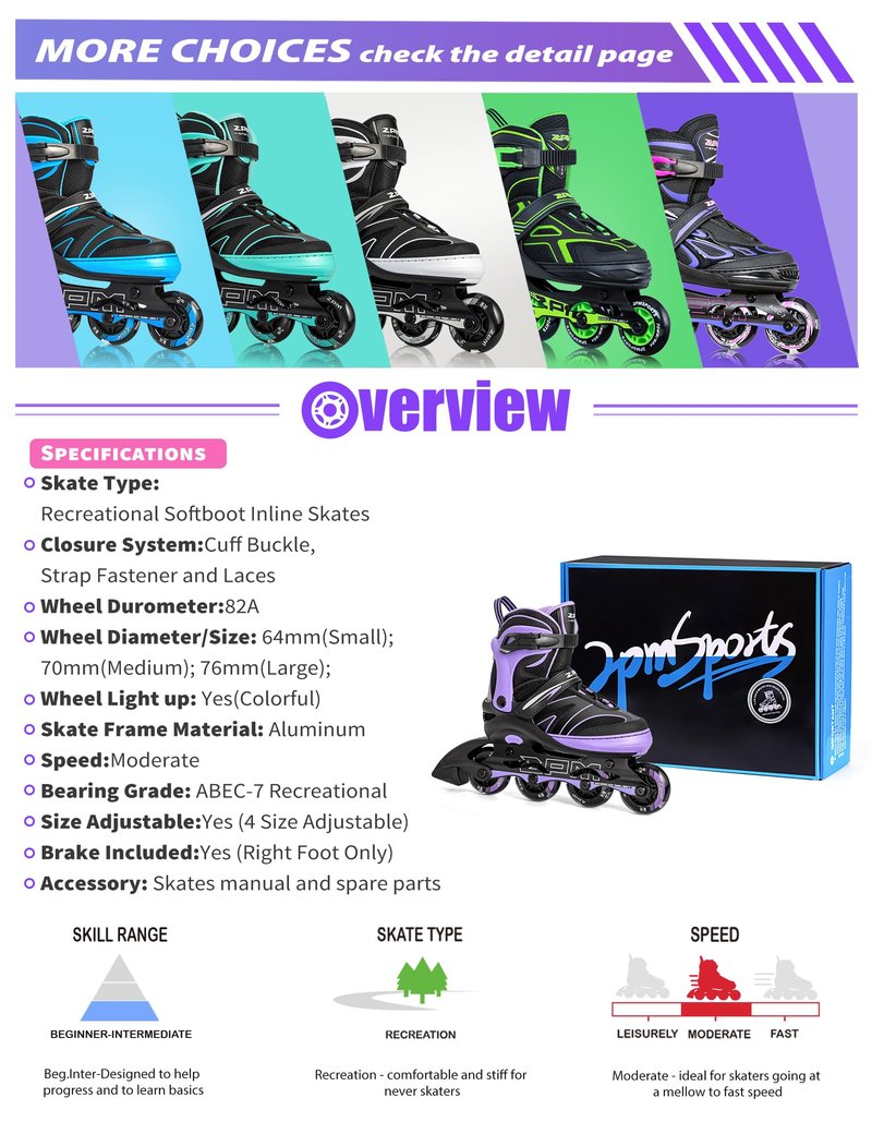 2PM SPORTS Kids Adjustable Inline Skates Ages 4-12, Youth Inlie Skates for Girls Boys 5-8 8-12 with Full Light Up Wheels, Beginner Women Men Adult Skates - Purple Large