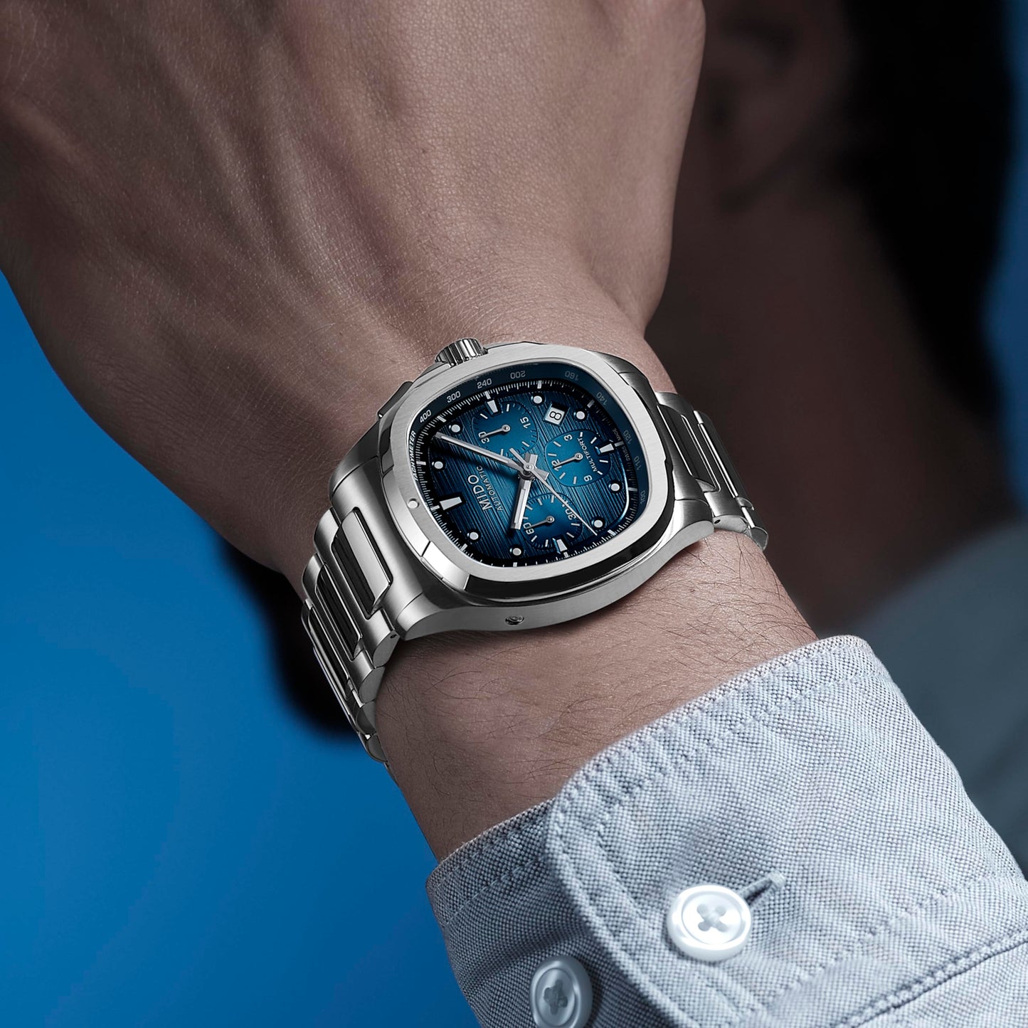 MIDO Multifort TV Chronograph - Swiss Automatic Watch for Men - Blue Dial- 41.2 x 42mm Stainless Steel Case and Bracelet with Additional Blue Fabric Strap - M0495271104100