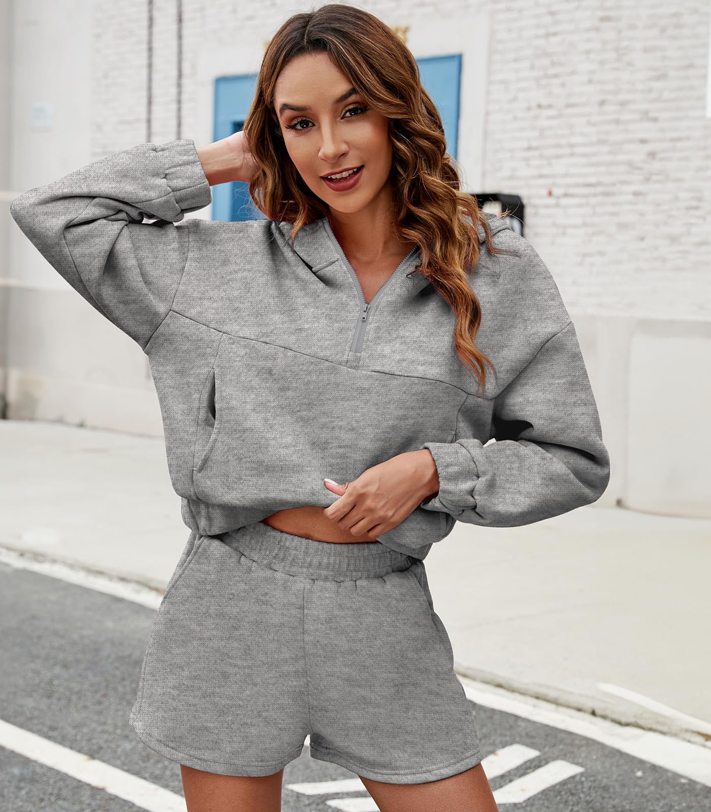 FKEEP Womens 2 Piece Sweatsuit Outfits Half Zip Hoodie Sweat with Shorts Pockets Lounge Winter Tracksuit Wear Matching Set