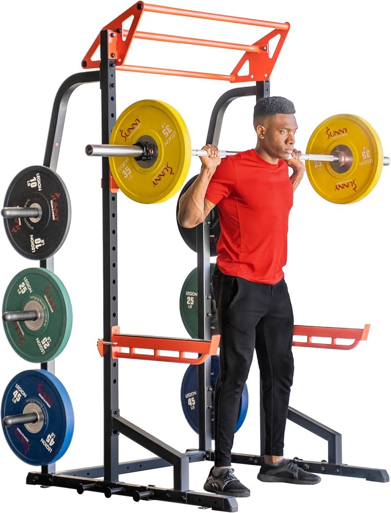 Sunny Health & Fitness Power Zone Half Rack | Heavy-Duty Performance Power Cage with Adjustable Pull-Up Bar & LAT Pull Down Attachment