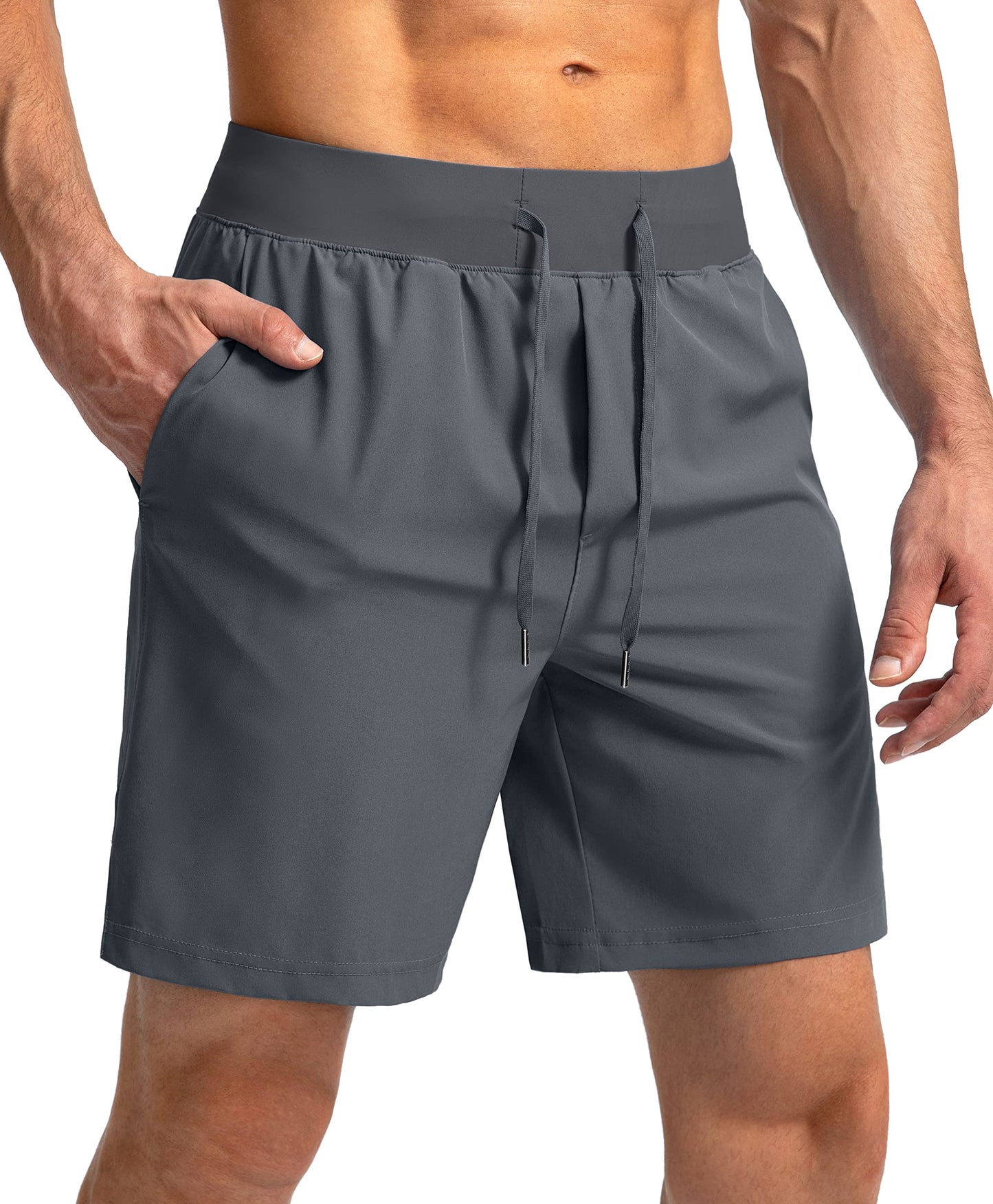 Soothfeel Men's Running Shorts with Zipper Pockets 7 Inch Lightweight Quick Dry Gym Athletic Workout Shorts for Men (Grey, M)