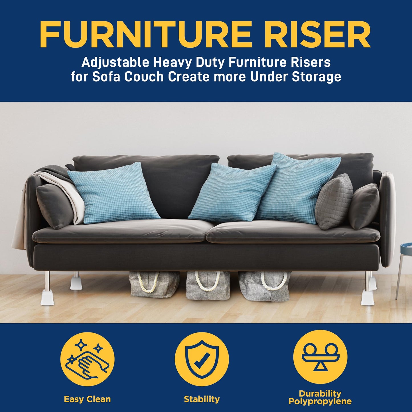 LifeMaster 16pcs Adjustable Bed Risers - 3.5 inch Heavy Duty Furniture Lifts for Sofa, Couch - Creates Under Bed Storage, Sup Ports 1300 lbs - Compatible with Most Furniture - White