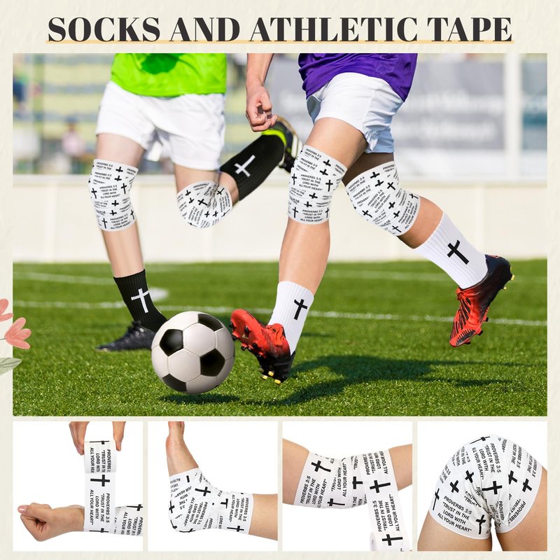 TrelaCo 2 Sets Cross Grip Socks with 2 Pcs Christian Athletic Tape Jesus Soccer Grip Socks Cotton Sports Athletic Tape Serrated Edges for Easter Gifts Football Baseball(Black White,Proverbs 3:5)